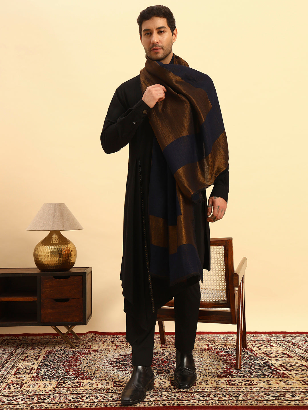 Pashmoda Men Midnight Bronze Reversible Zari Moonlight Fine Wool Stole (Size: 71x203 Cm)