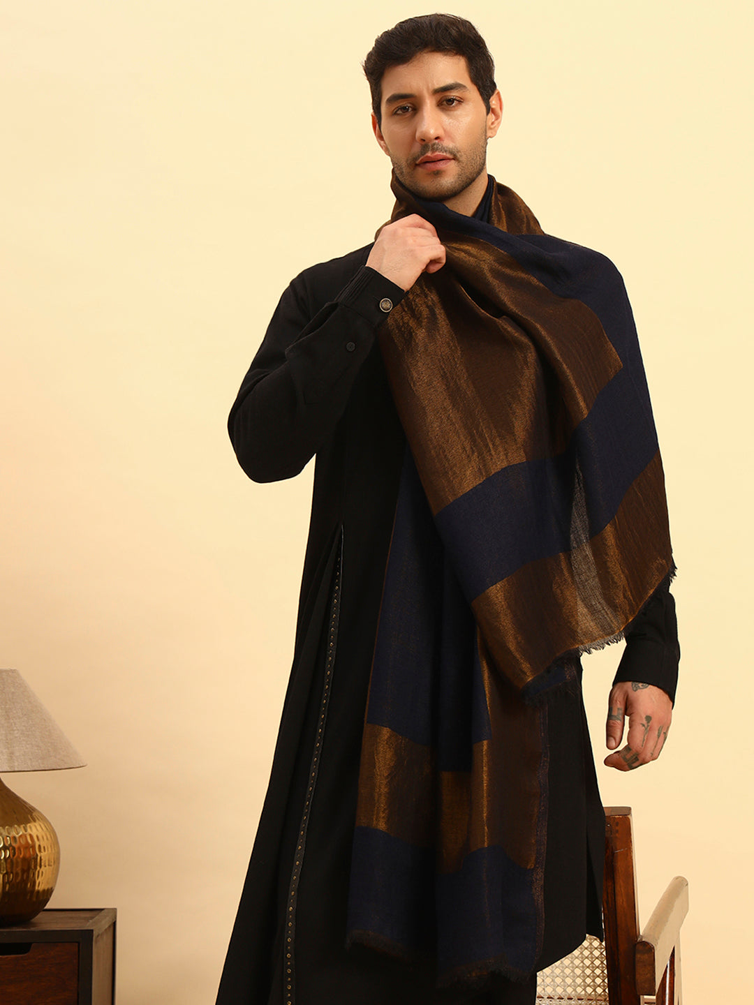 Pashmoda Men Midnight Bronze Reversible Zari Moonlight Fine Wool Stole (Size: 71x203 Cm)