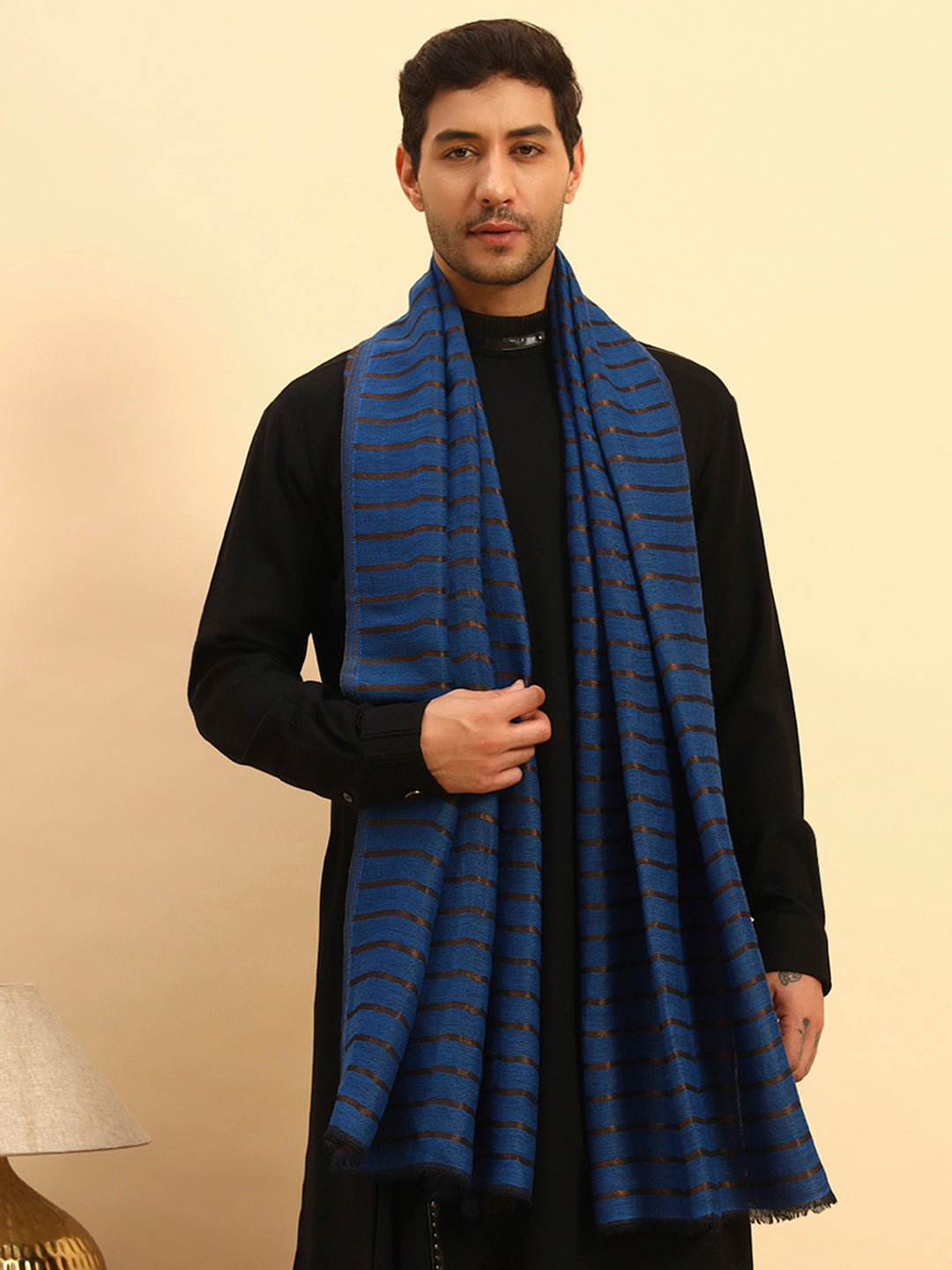 Pashmoda Men Golden Mirage Reversible Zari Moonlight Fine Wool Stole (Size: 71x203 Cm)