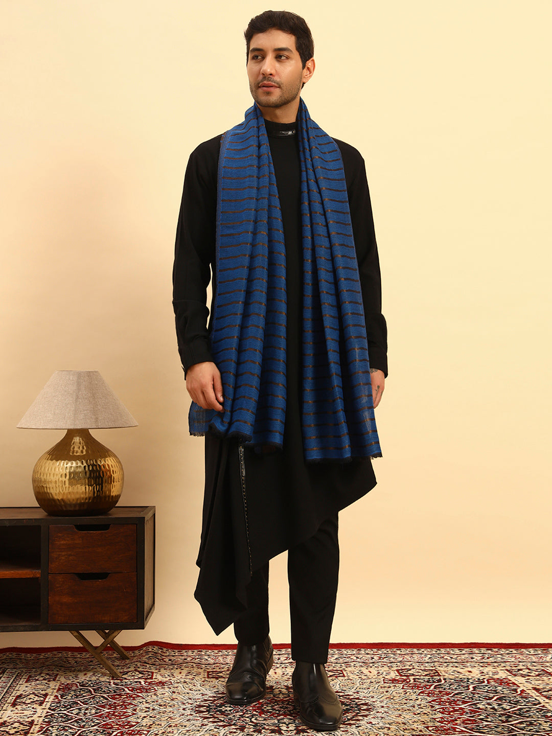 Pashmoda Men Golden Mirage Reversible Zari Moonlight Fine Wool Stole (Size: 71x203 Cm)