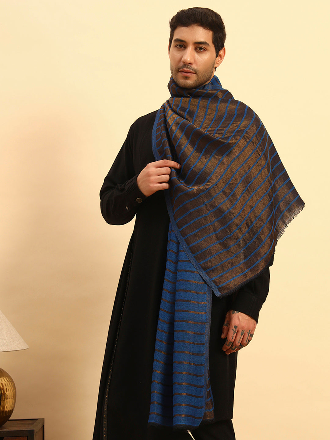 Pashmoda Men Golden Mirage Reversible Zari Moonlight Fine Wool Stole (Size: 71x203 Cm)