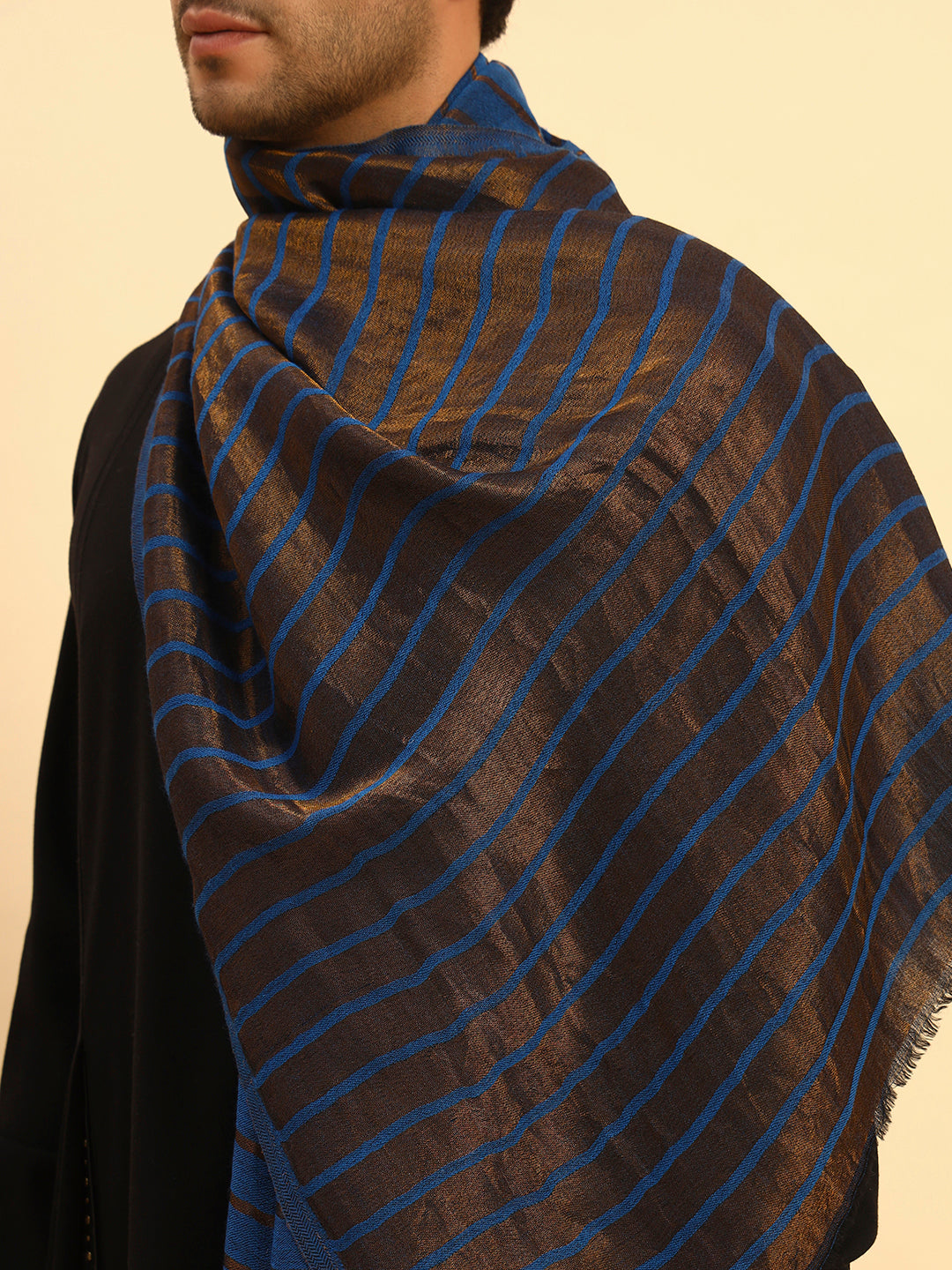 Pashmoda Men Golden Mirage Reversible Zari Moonlight Fine Wool Stole (Size: 71x203 Cm)