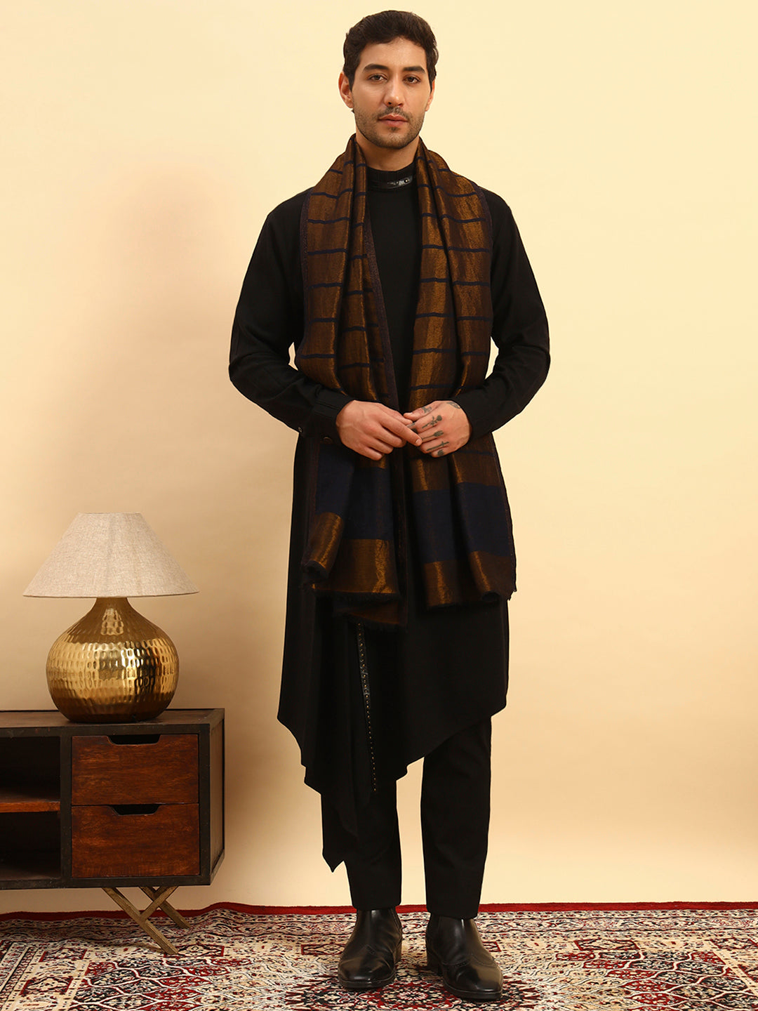 Pashmoda Men Parallel Grace Reversible Zari Moonlight Fine Wool Stole (Size: 71x203 Cm)