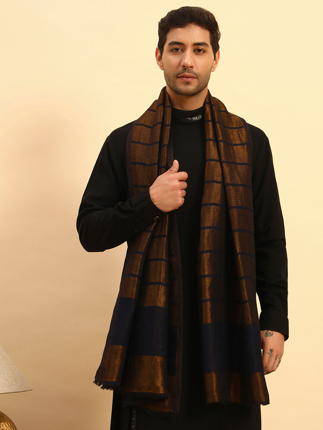 Pashmoda Men Parallel Grace Reversible Zari Moonlight Fine Wool Stole (Size: 71x203 Cm)