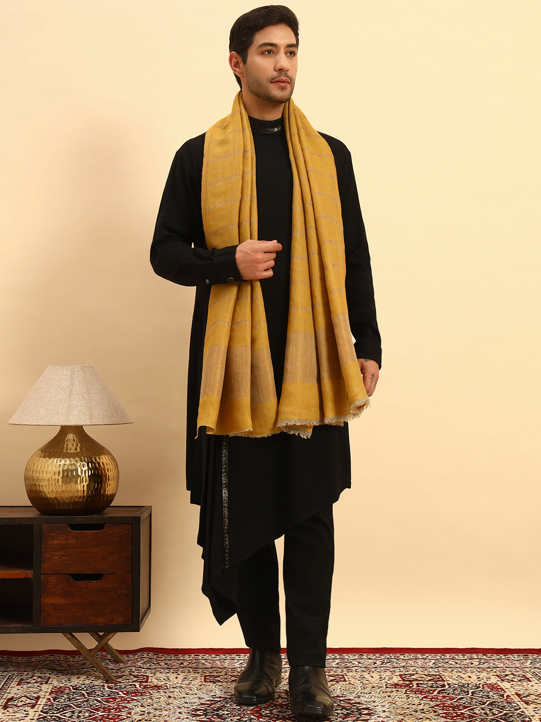 Pashmoda Men Parallel Grace Reversible Zari Moonlight Fine Wool Stole (Size: 71x203 Cm)