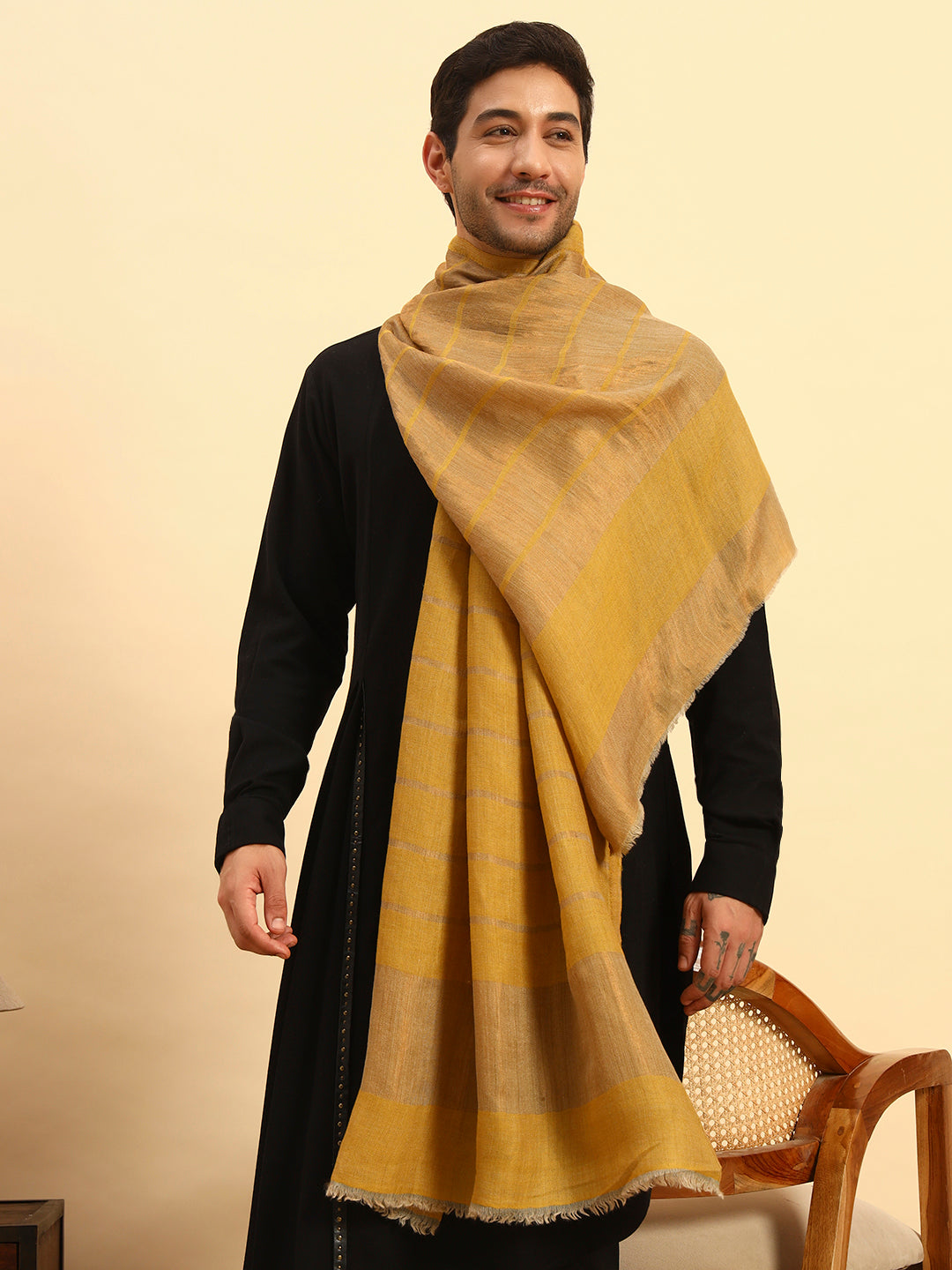 Pashmoda Men Parallel Grace Reversible Zari Moonlight Fine Wool Stole (Size: 71x203 Cm)