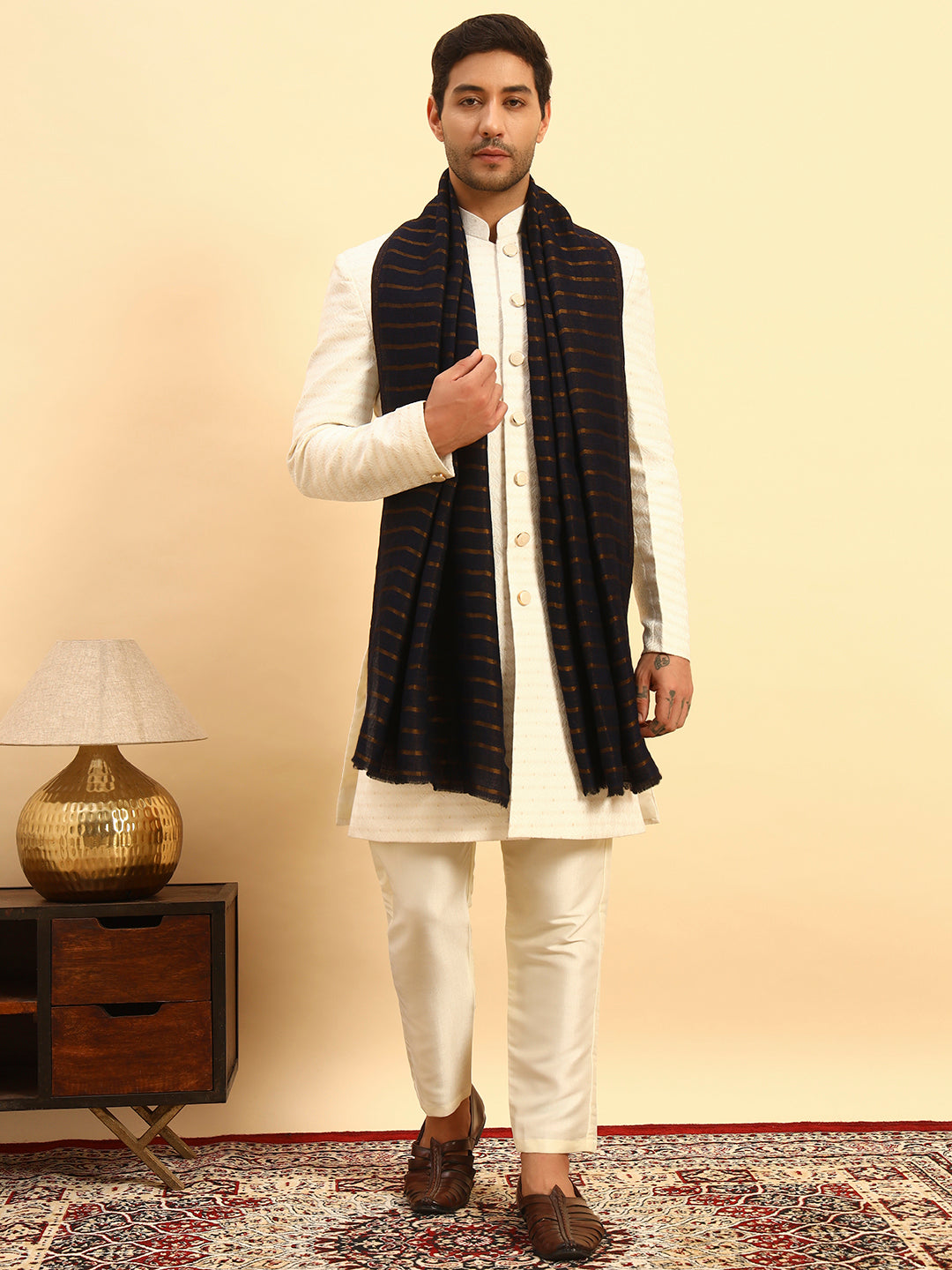 Pashmoda Men Golden Mirage Reversible Zari Moonlight Fine Wool Stole (Size: 71x203 Cm)