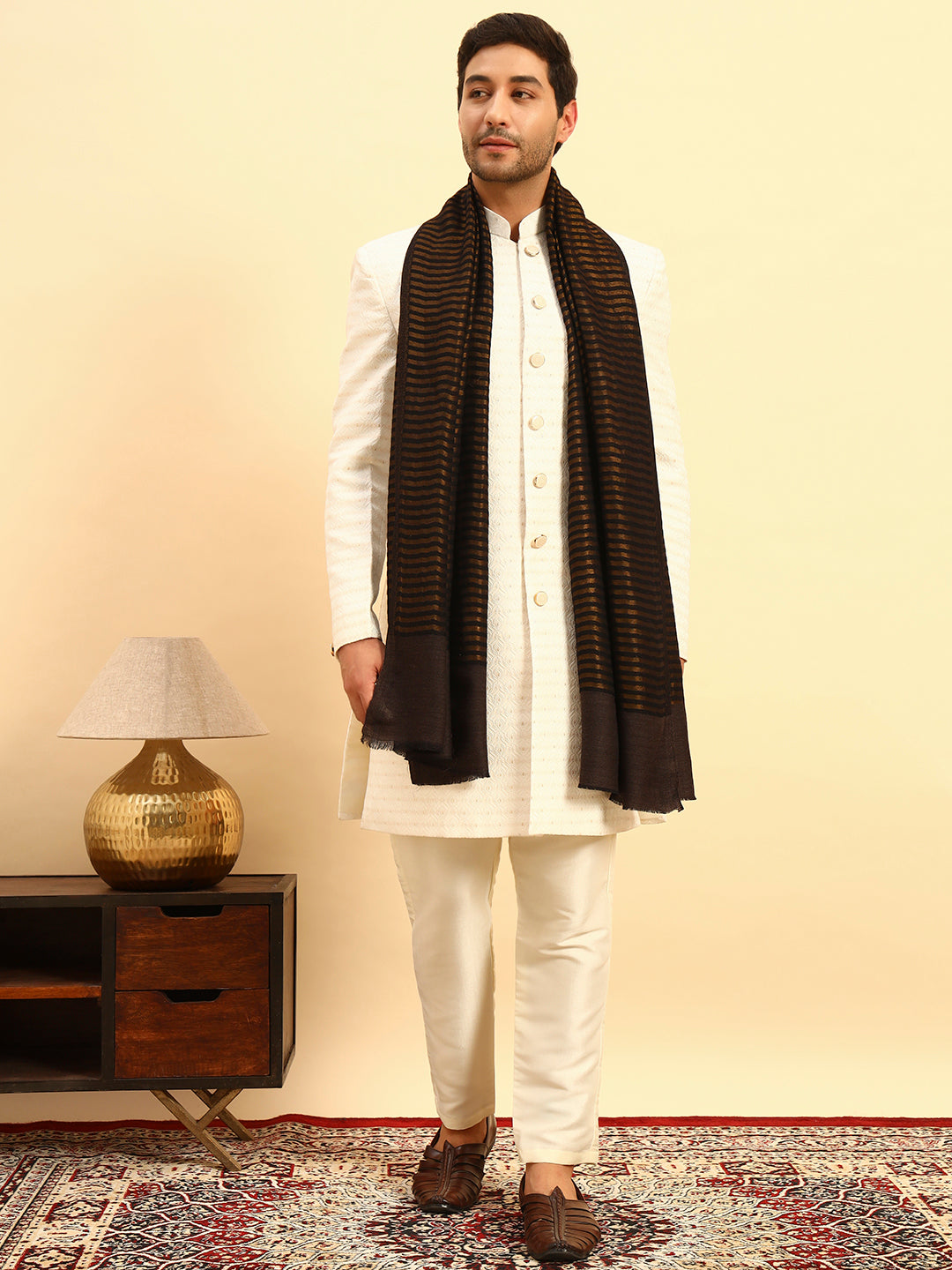 Pashmoda Men Golden Eclipse Reversible Zari Moonlight Fine Wool Stole (Size: 71x203 Cm)