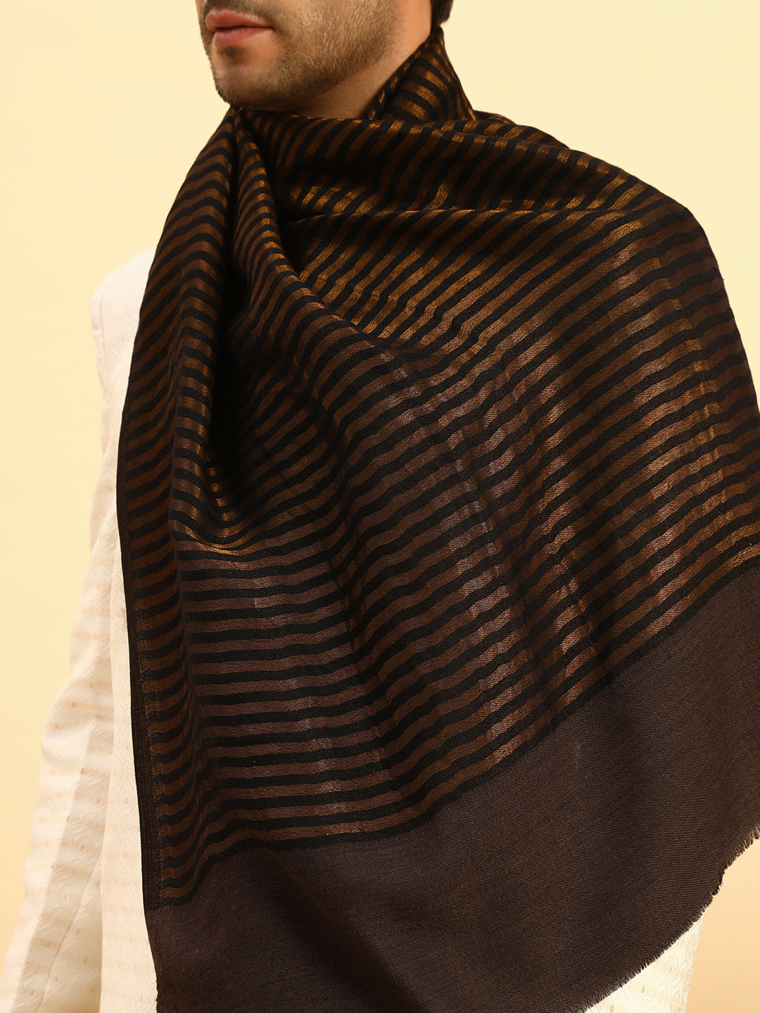 Pashmoda Men Golden Eclipse Reversible Zari Moonlight Fine Wool Stole (Size: 71x203 Cm)