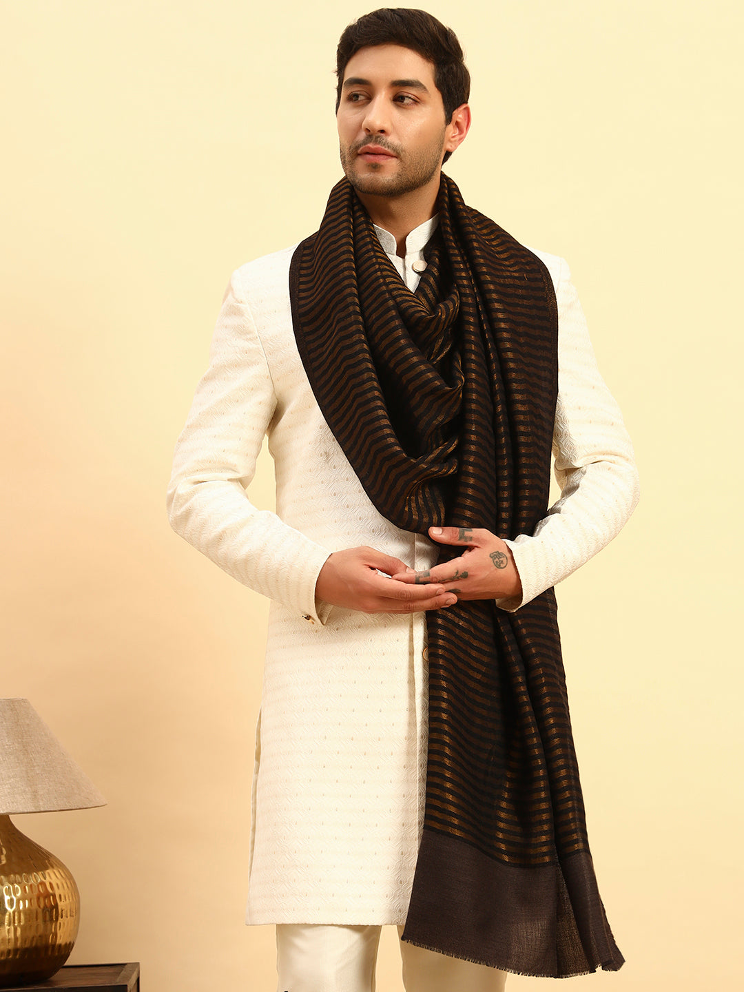 Pashmoda Men Golden Eclipse Reversible Zari Moonlight Fine Wool Stole (Size: 71x203 Cm)
