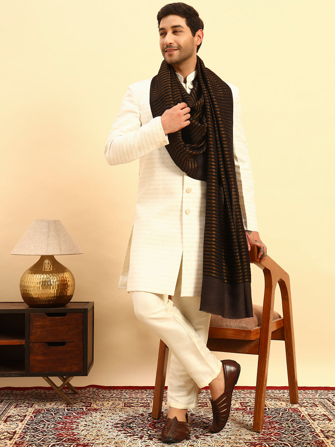 Pashmoda Men Golden Eclipse Reversible Zari Moonlight Fine Wool Stole (Size: 71x203 Cm)