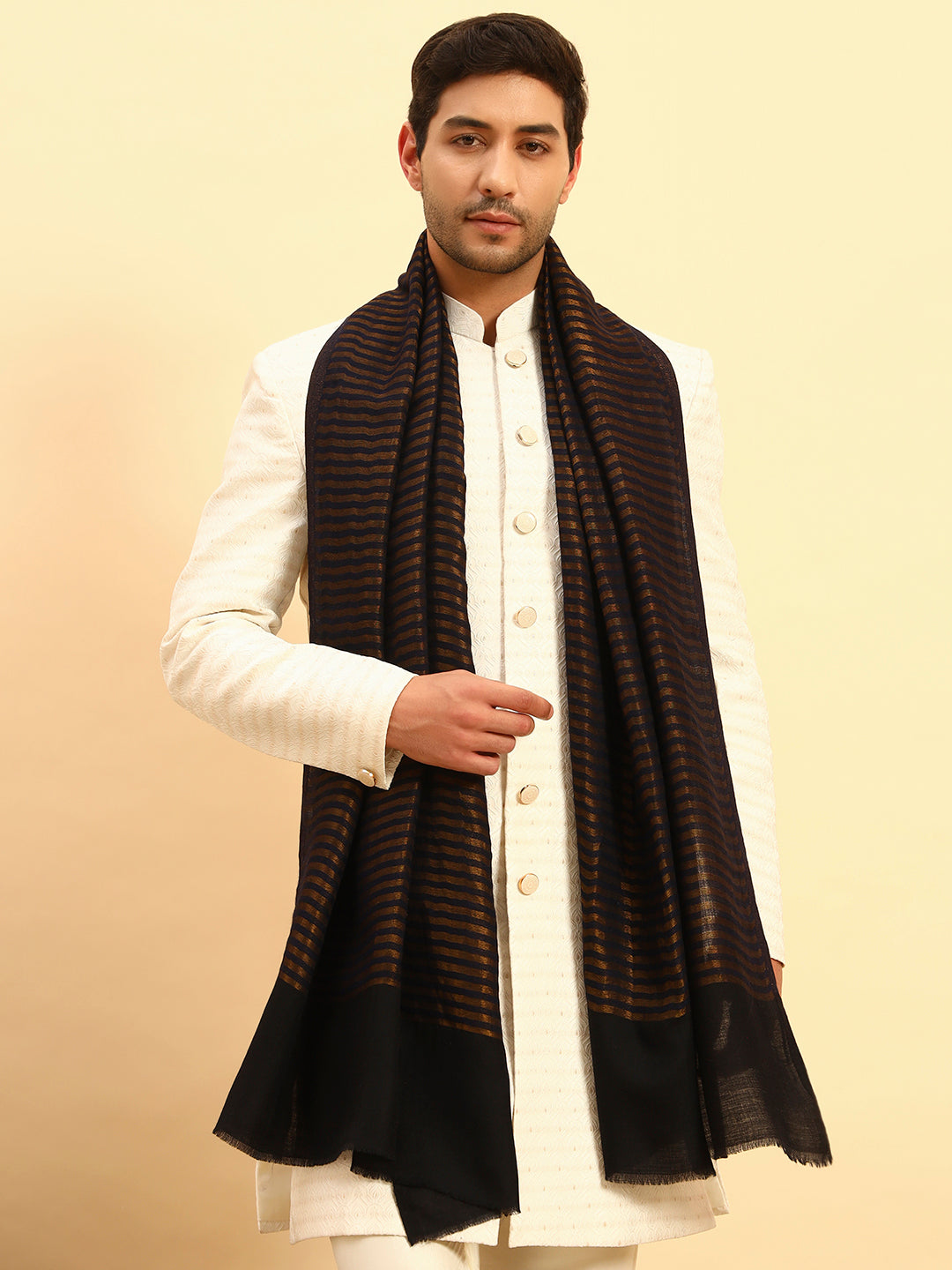 Pashmoda Men Golden Eclipse Reversible Zari Moonlight Fine Wool Stole (Size: 71x203 Cm)