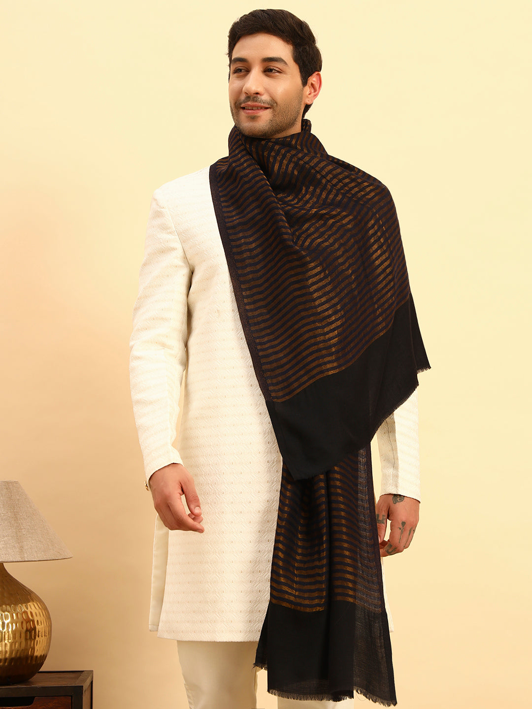 Pashmoda Men Golden Eclipse Reversible Zari Moonlight Fine Wool Stole (Size: 71x203 Cm)