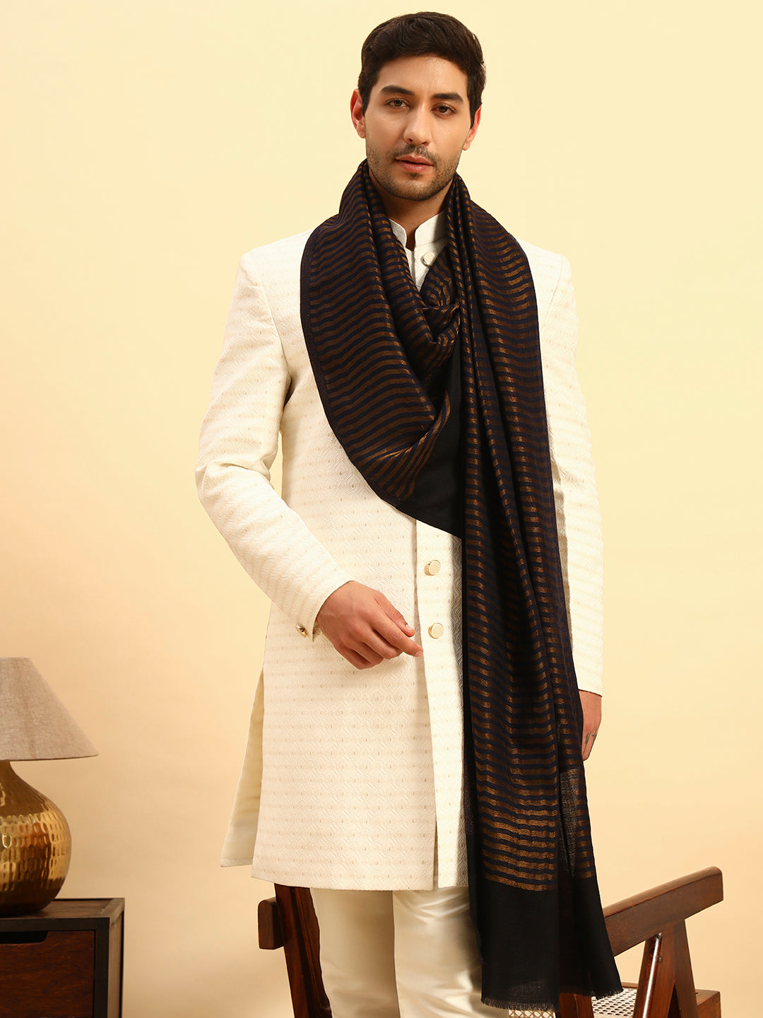 Pashmoda Men Golden Eclipse Reversible Zari Moonlight Fine Wool Stole (Size: 71x203 Cm)