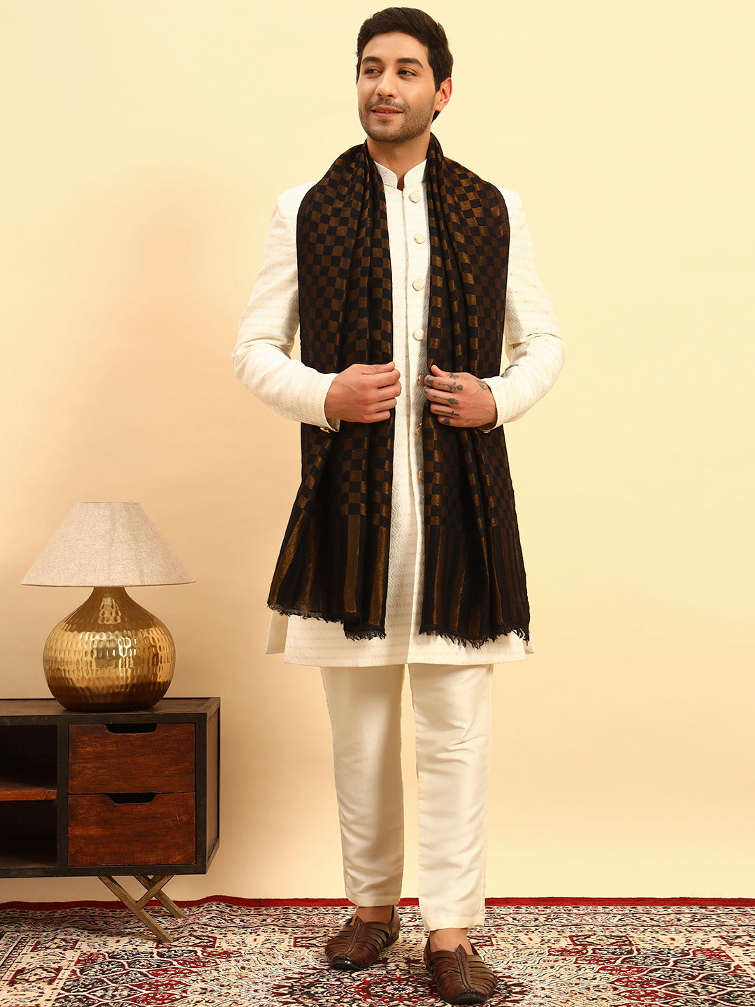Pashmoda Men Champagne Check Reversible Zari Moonlight Fine Wool Stole (Size: 71x203 Cm)