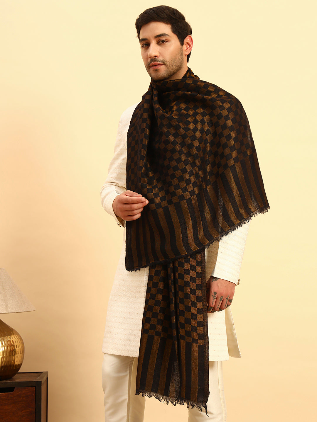 Pashmoda Men Champagne Check Reversible Zari Moonlight Fine Wool Stole (Size: 71x203 Cm)