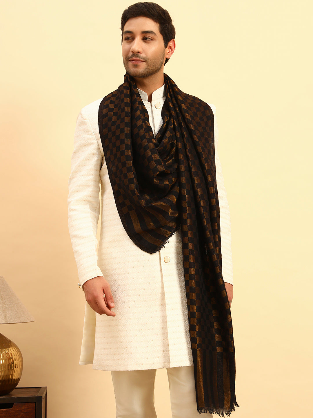 Pashmoda Men Champagne Check Reversible Zari Moonlight Fine Wool Stole (Size: 71x203 Cm)