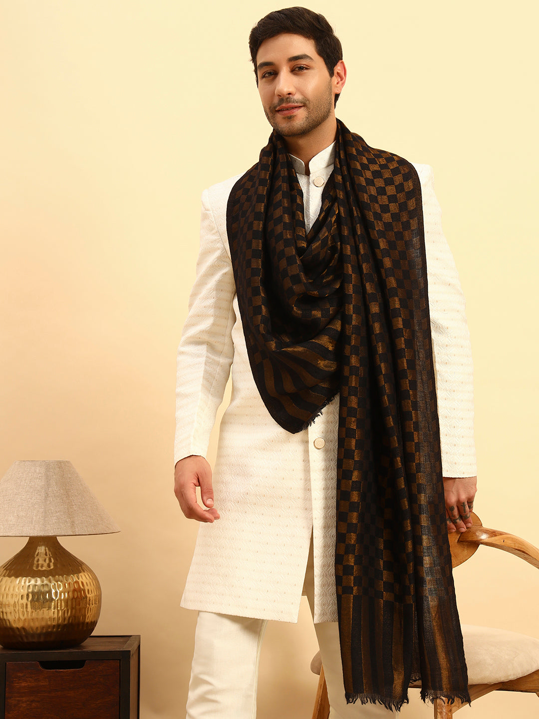 Pashmoda Men Champagne Check Reversible Zari Moonlight Fine Wool Stole (Size: 71x203 Cm)