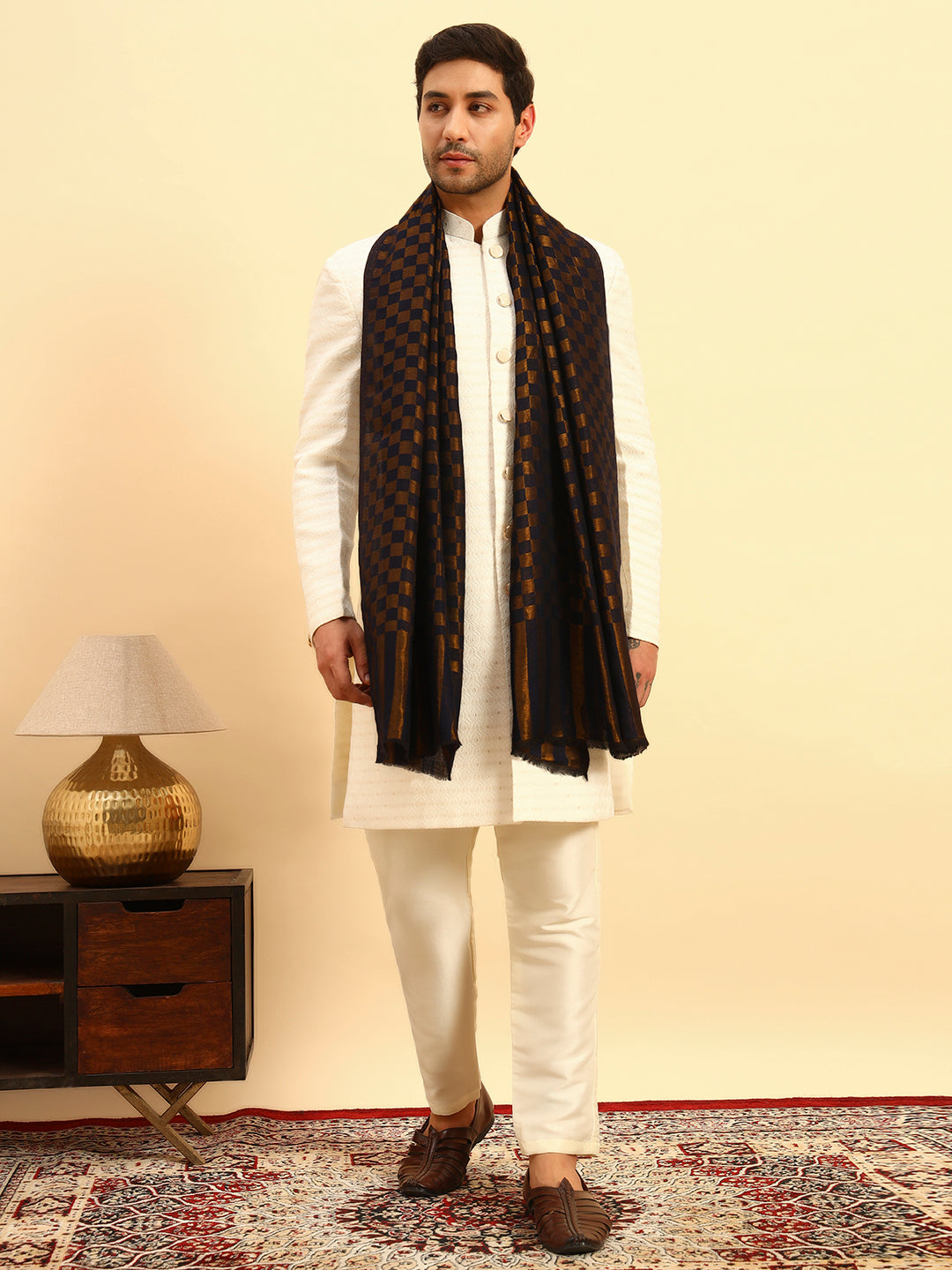 Pashmoda Men Champagne Check Reversible Zari Moonlight Fine Wool Stole (Size: 71x203 Cm)