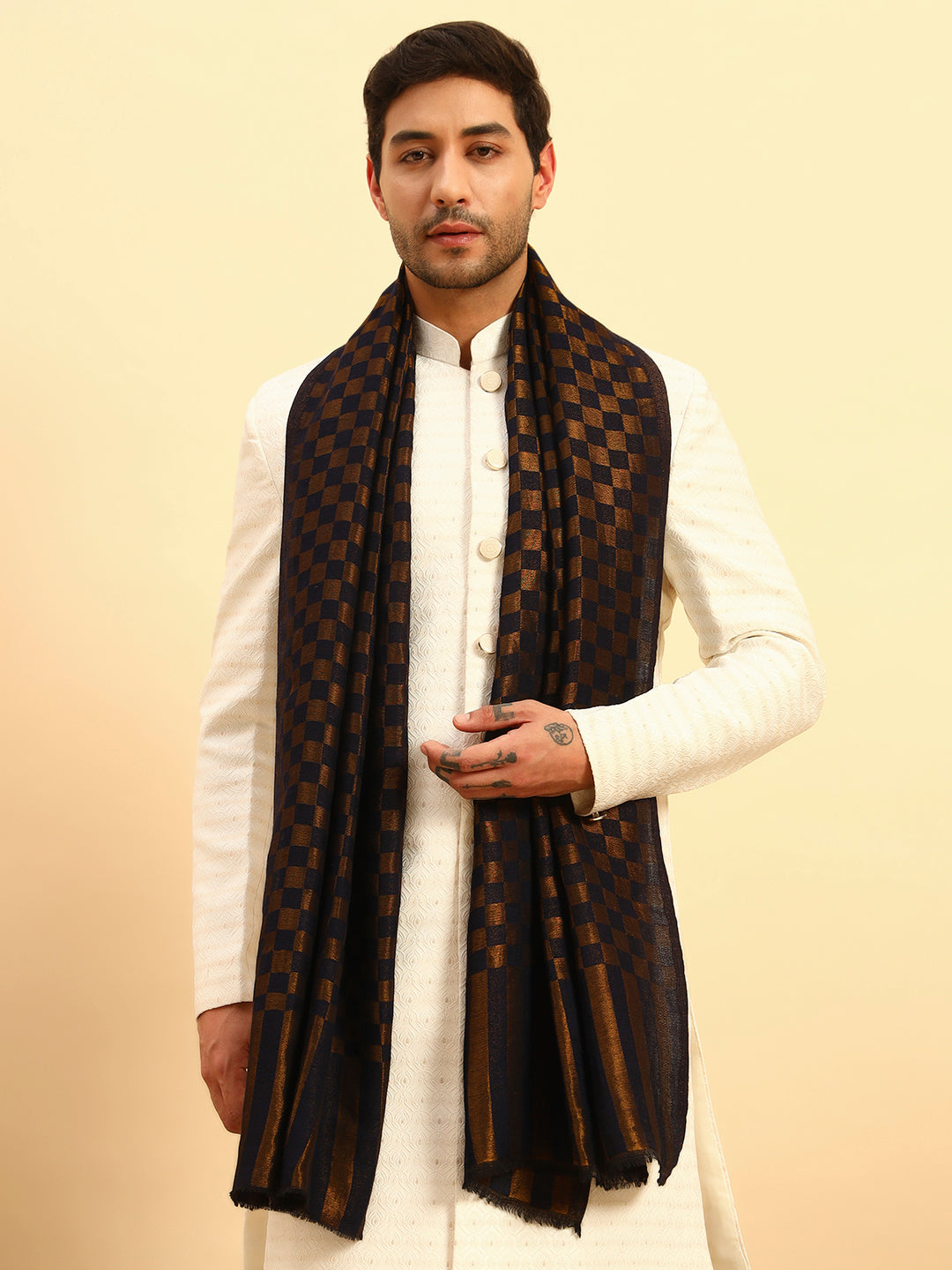 Pashmoda Men Champagne Check Reversible Zari Moonlight Fine Wool Stole (Size: 71x203 Cm)