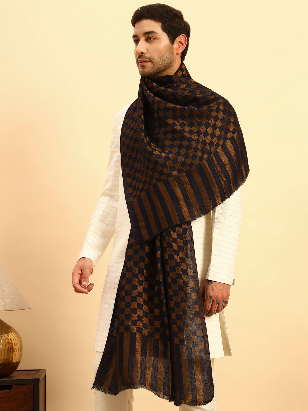 Pashmoda Men Champagne Check Reversible Zari Moonlight Fine Wool Stole (Size: 71x203 Cm)