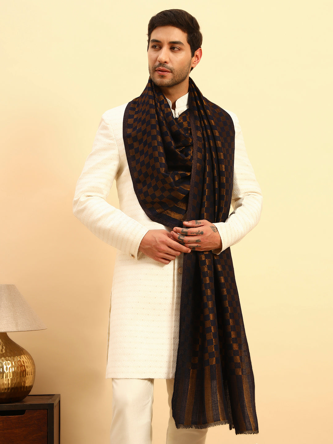 Pashmoda Men Champagne Check Reversible Zari Moonlight Fine Wool Stole (Size: 71x203 Cm)