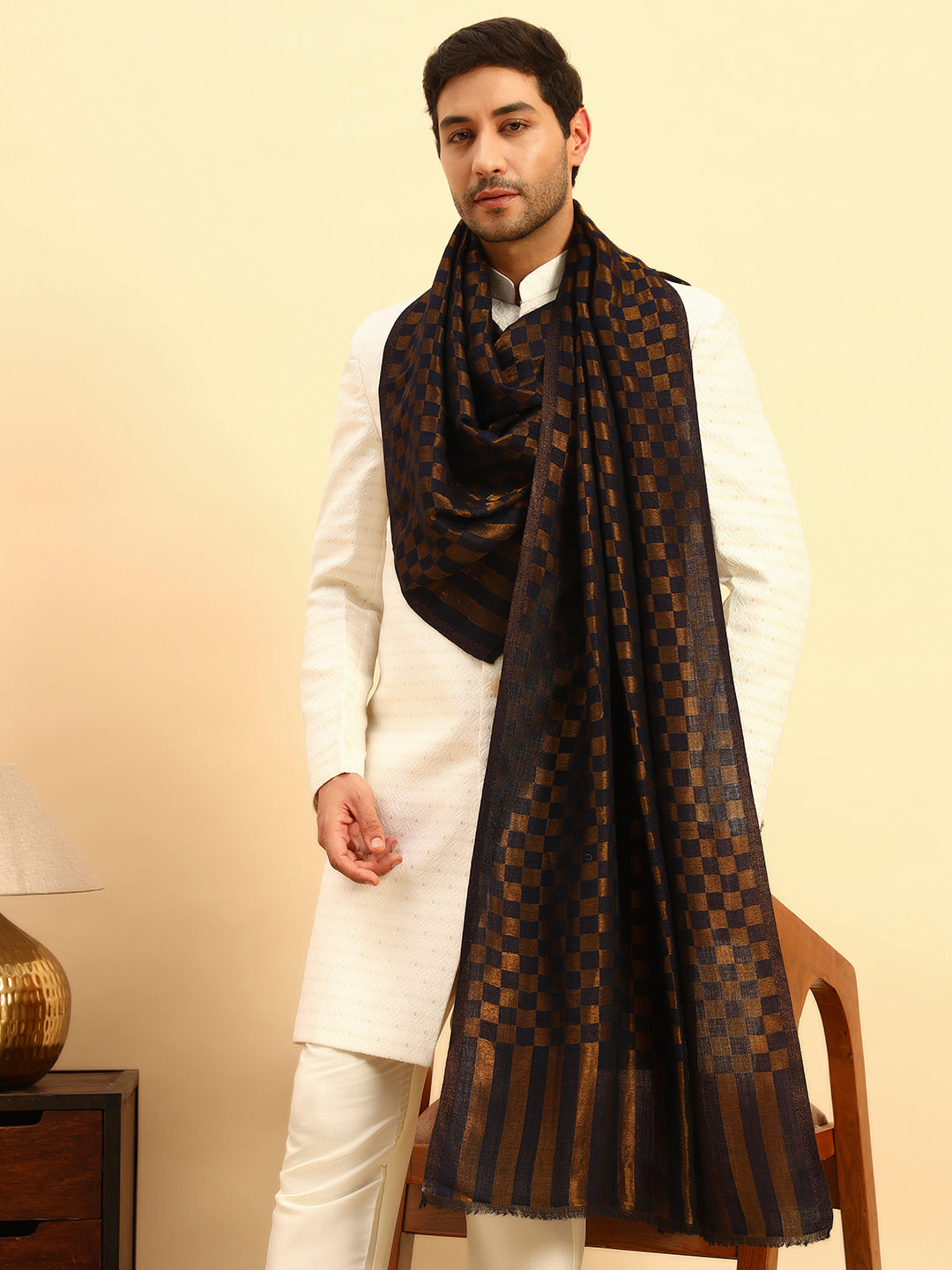 Pashmoda Men Champagne Check Reversible Zari Moonlight Fine Wool Stole (Size: 71x203 Cm)