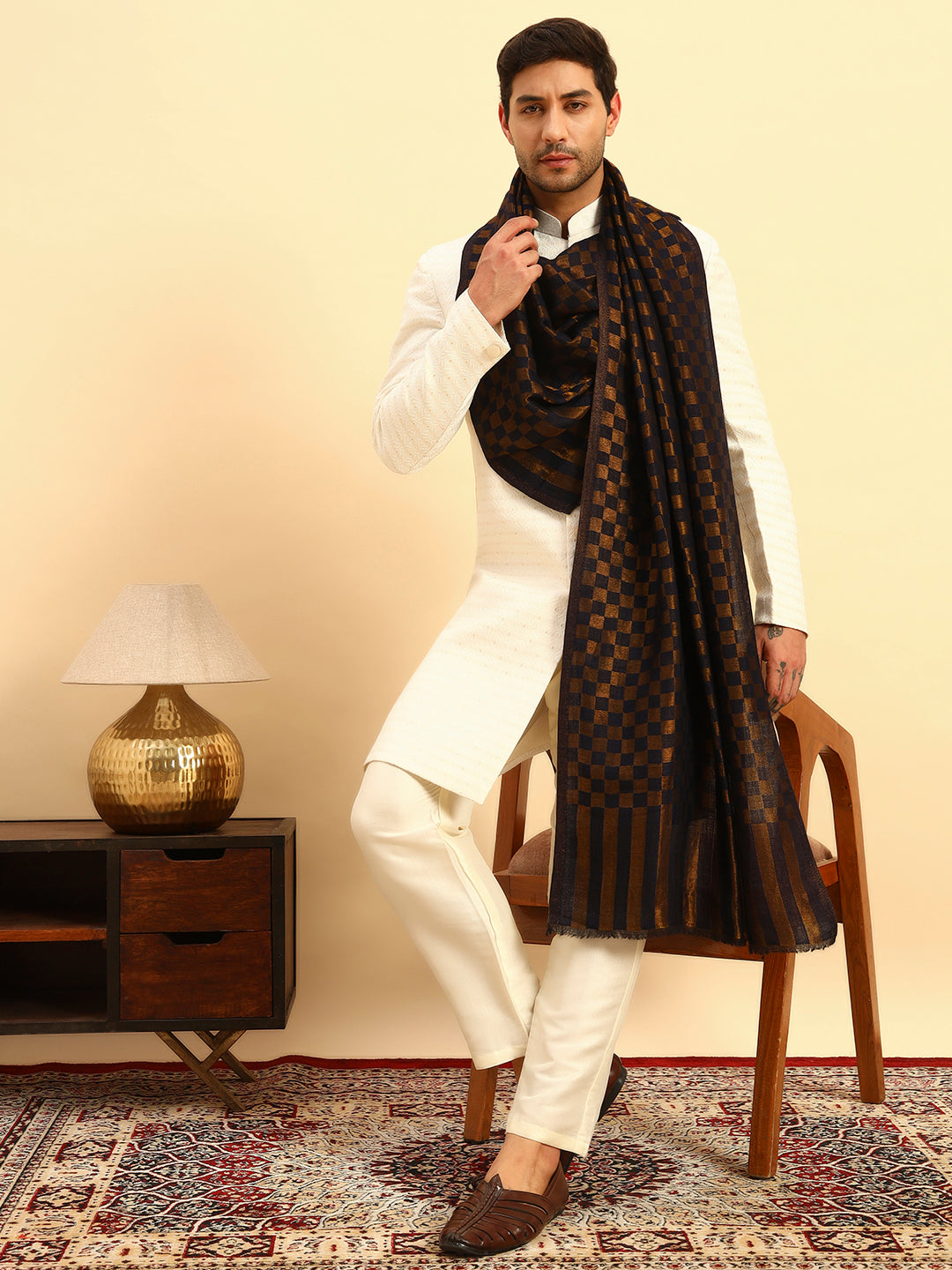 Pashmoda Men Champagne Check Reversible Zari Moonlight Fine Wool Stole (Size: 71x203 Cm)