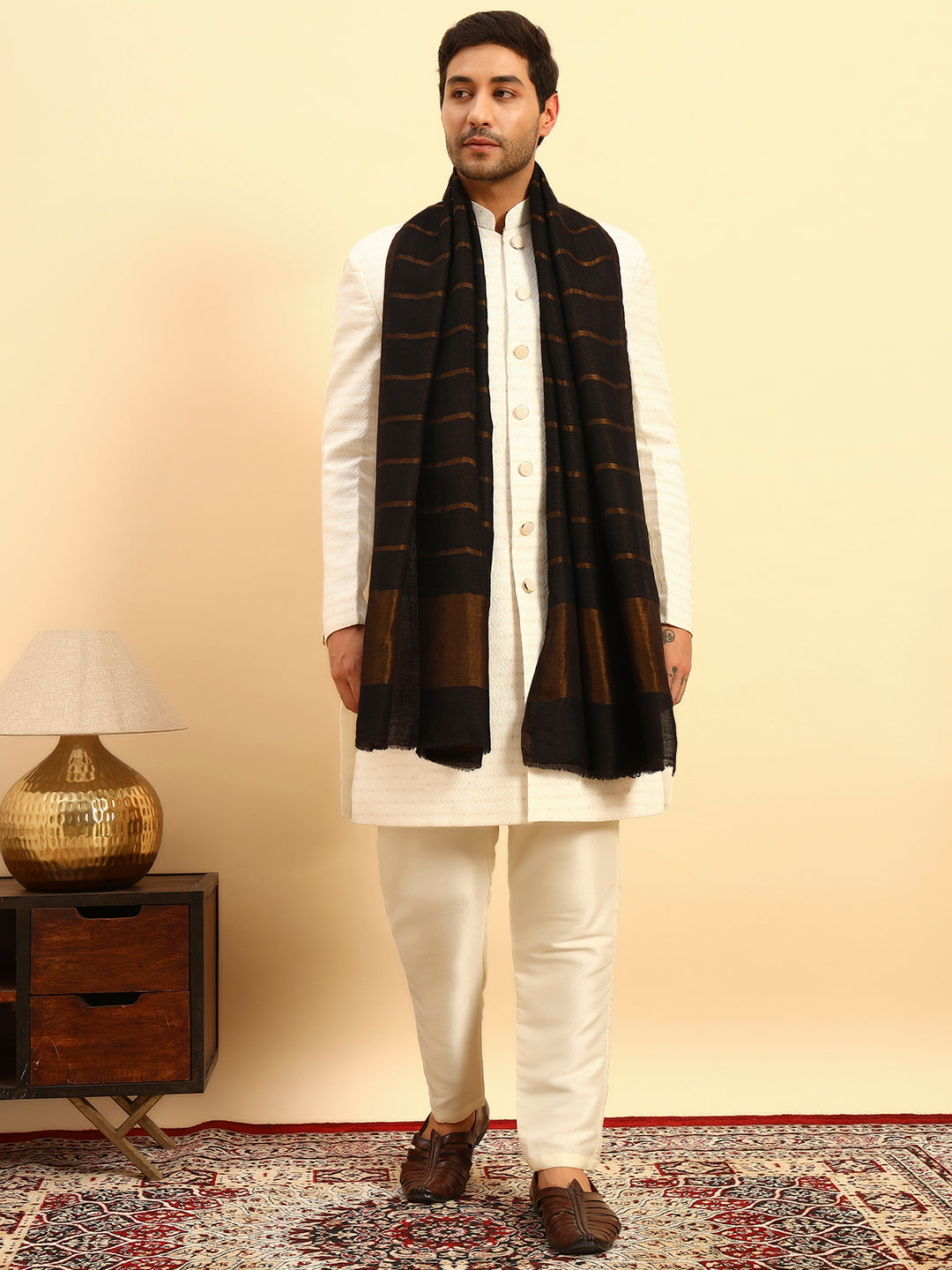 Pashmoda Men Parallel Grace Reversible Zari Moonlight Fine Wool Stole (Size: 71x203 Cm)