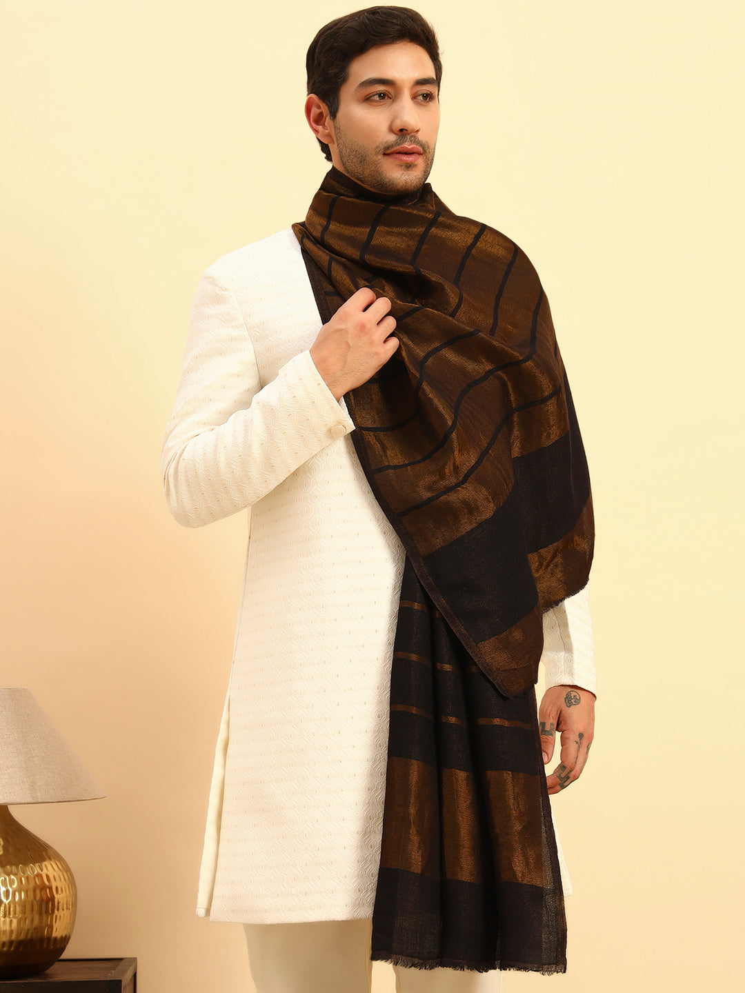 Pashmoda Men Parallel Grace Reversible Zari Moonlight Fine Wool Stole (Size: 71x203 Cm)