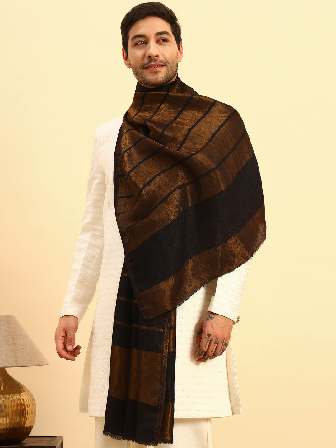 Pashmoda Men Parallel Grace Reversible Zari Moonlight Fine Wool Stole (Size: 71x203 Cm)