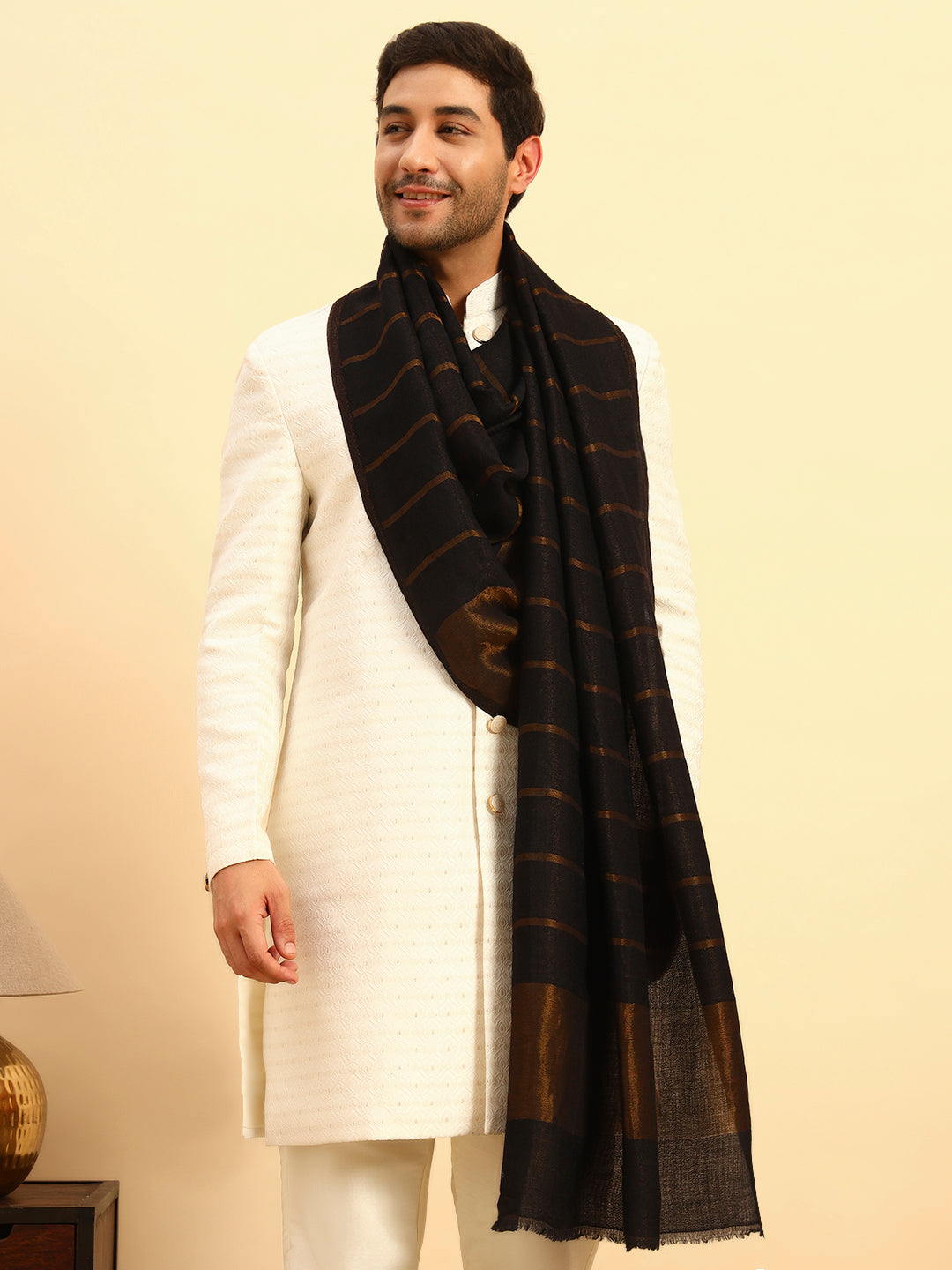 Pashmoda Men Parallel Grace Reversible Zari Moonlight Fine Wool Stole (Size: 71x203 Cm)