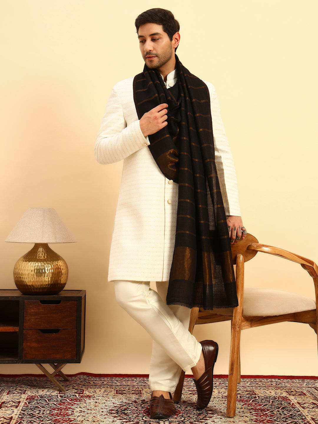 Pashmoda Men Parallel Grace Reversible Zari Moonlight Fine Wool Stole (Size: 71x203 Cm)