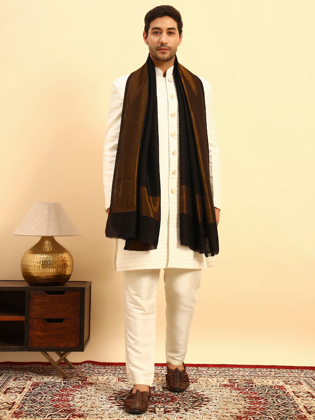 Pashmoda Men Midnight Bronze Reversible Zari Moonlight Fine Wool Stole (Size: 71x203 Cm)