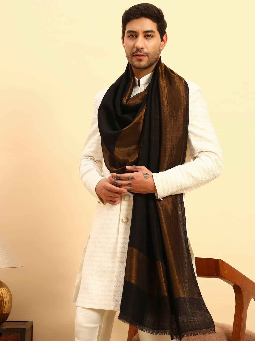 Pashmoda Men Midnight Bronze Reversible Zari Moonlight Fine Wool Stole (Size: 71x203 Cm)