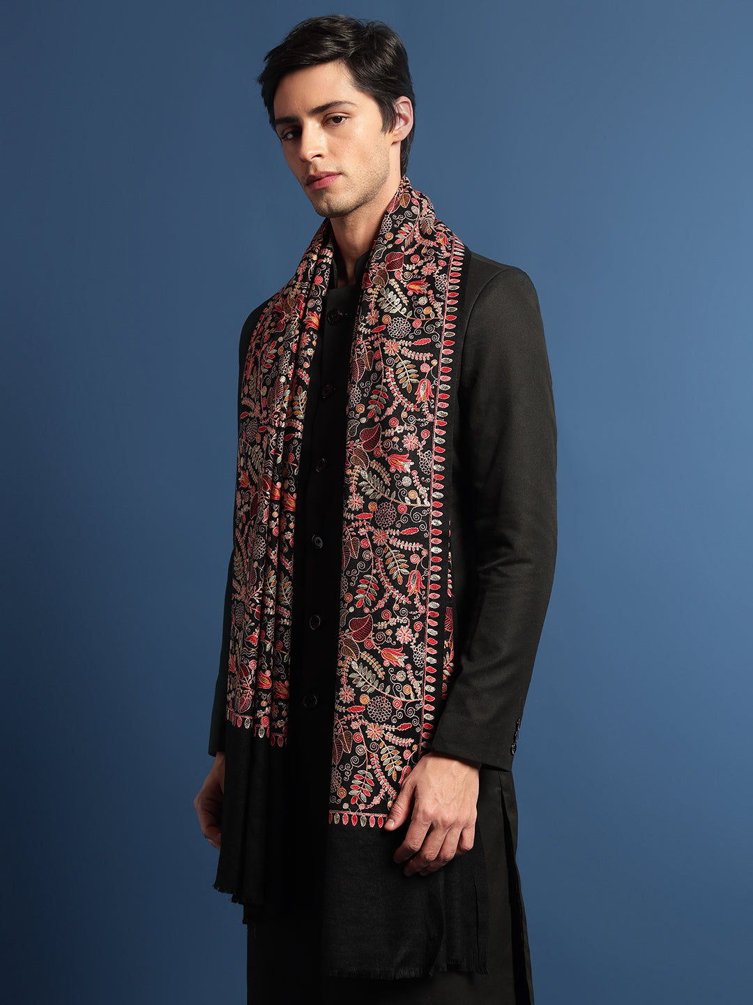 Pashmoda Men 100% Pure Wool Fabric Sozni Embroidered Shawl (Size: 101x203 Cm)