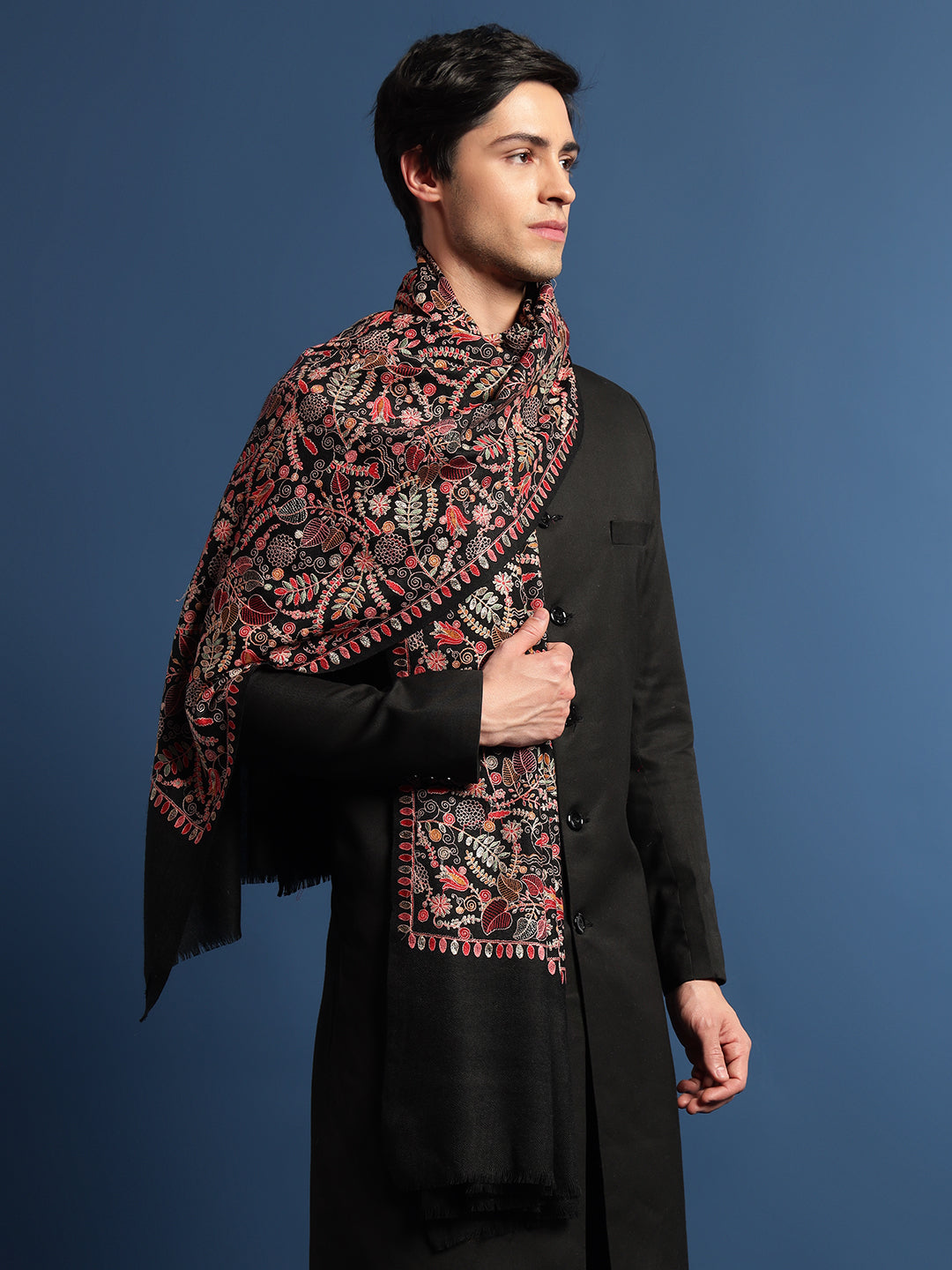 Pashmoda Men 100% Pure Wool Fabric Sozni Embroidered Shawl (Size: 101x203 Cm)