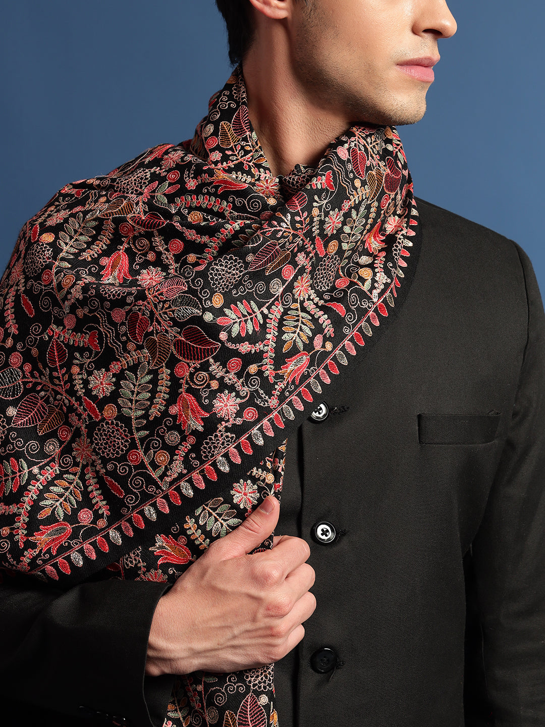 Pashmoda Men 100% Pure Wool Fabric Sozni Embroidered Shawl (Size: 101x203 Cm)