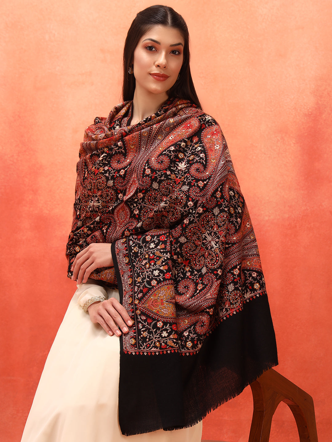 Pashmoda Women Mahnoor 100% Pure Wool Sozni Hand Embroidered Shawl (Size: 101x203 Cm)