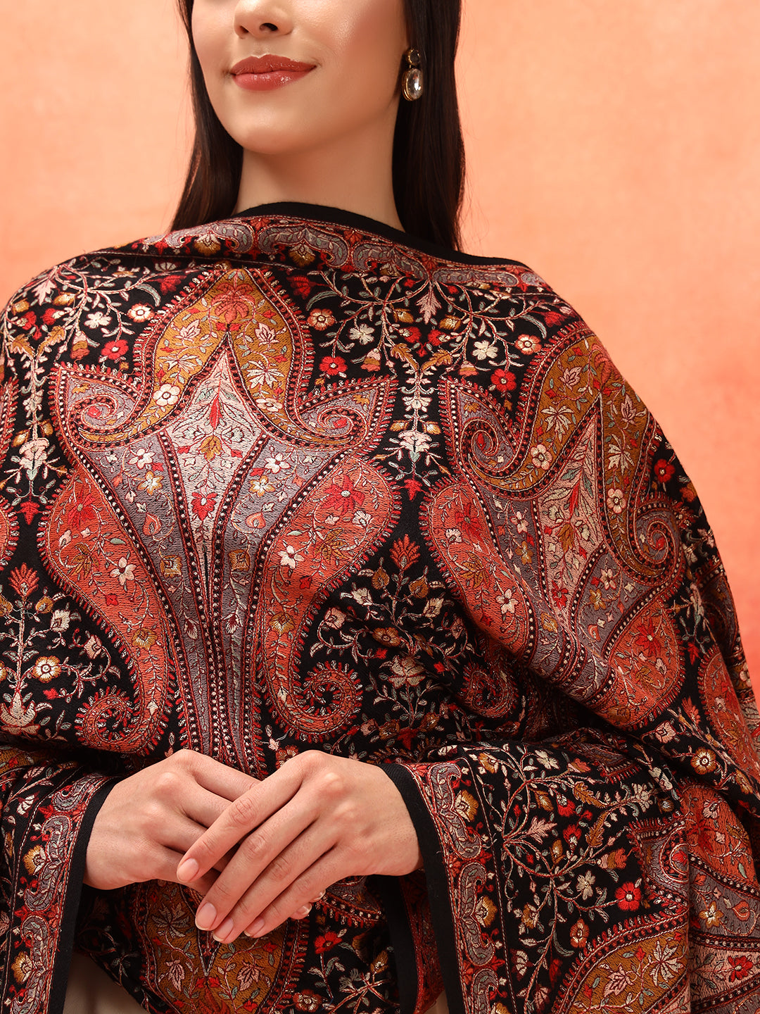 Pashmoda Women Mahnoor 100% Pure Wool Sozni Hand Embroidered Shawl (Size: 101x203 Cm)