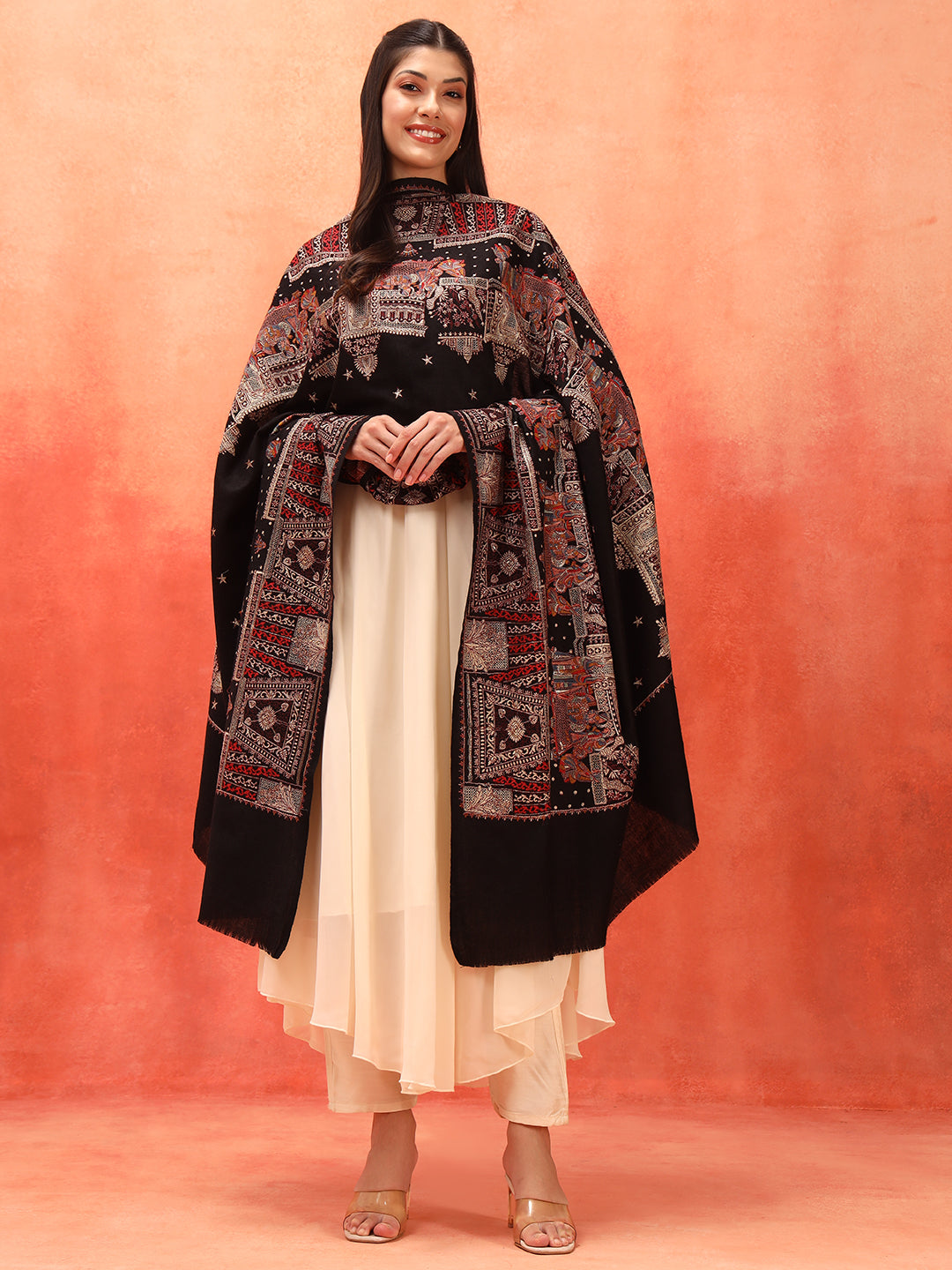 Pashmoda Women Zavian 100% Pure Wool Sozni Hand Embroidered Shawl (Size: 101x203 Cm)