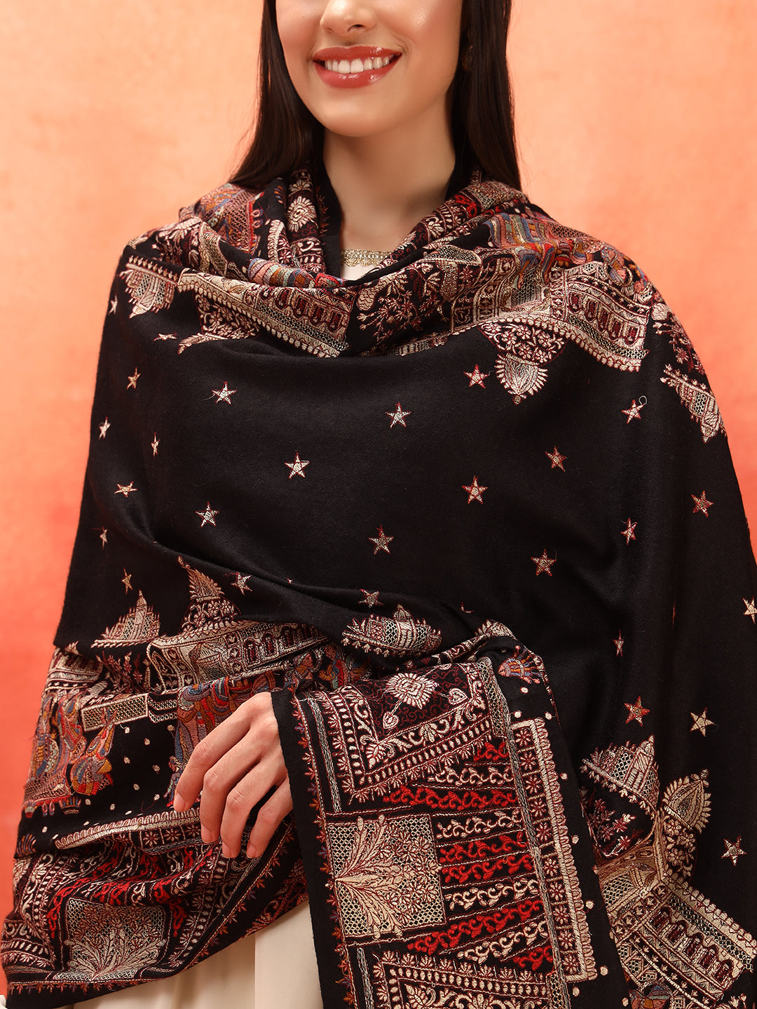 Pashmoda Women Zavian 100% Pure Wool Sozni Hand Embroidered Shawl (Size: 101x203 Cm)