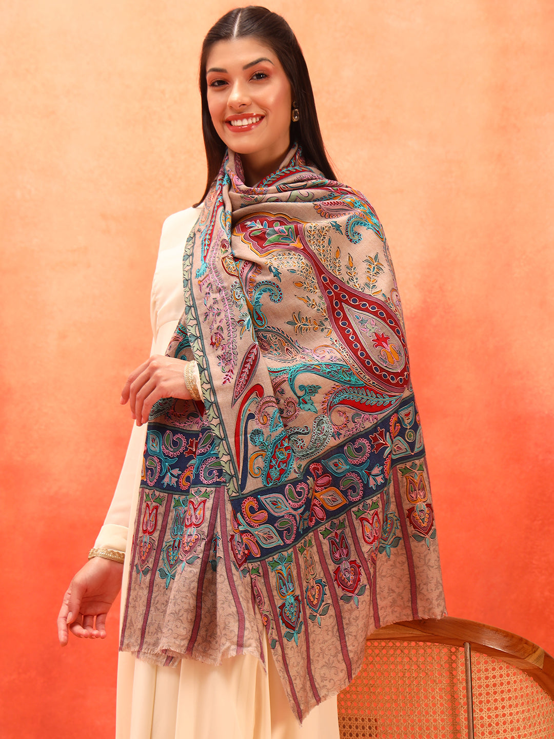 Pashmoda Women Saahtaar 100% Pure Wool Fabric Kalamkari Embroidered Stole (Size: 71x203 cm)