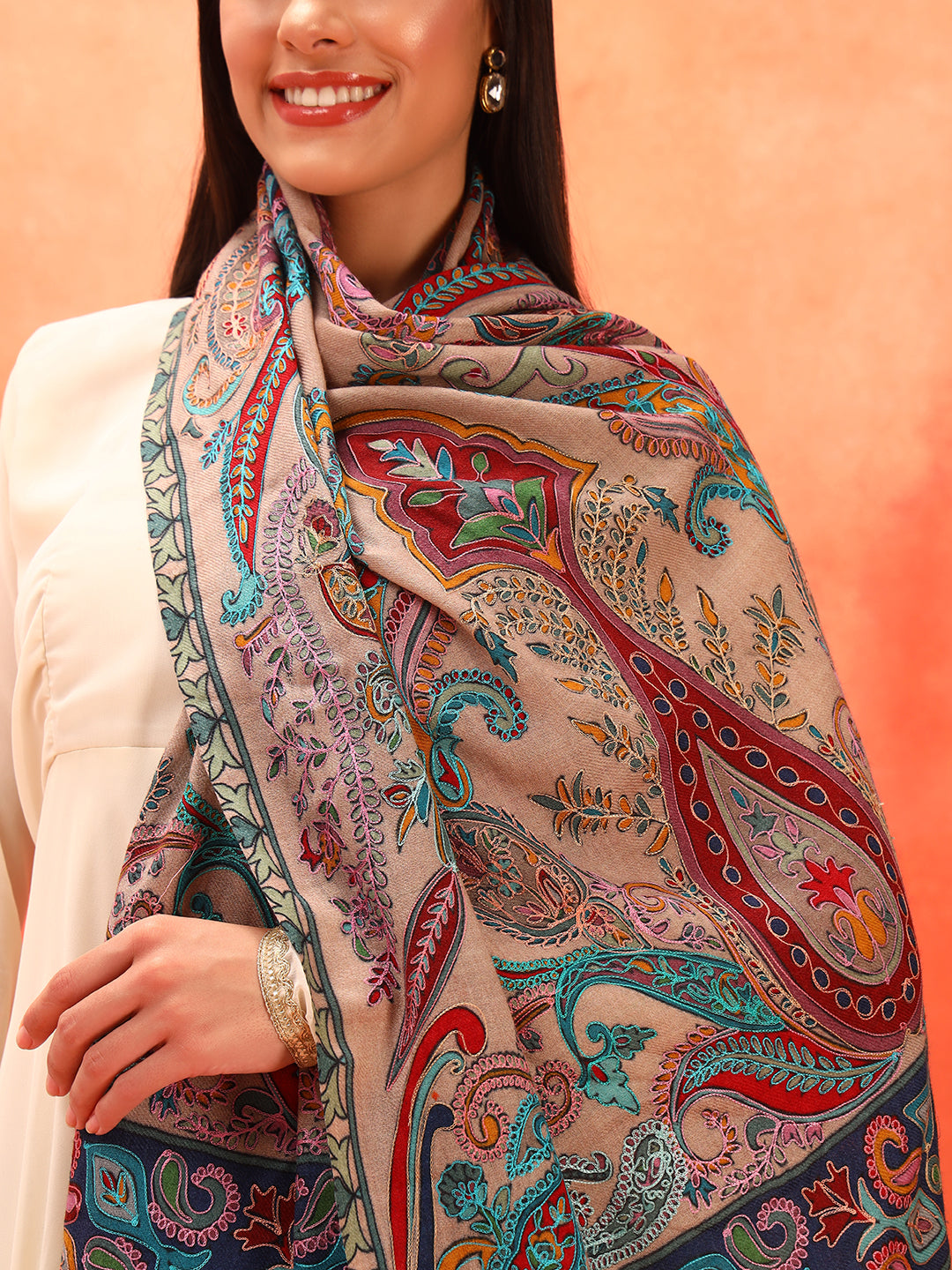Pashmoda Women Saahtaar 100% Pure Wool Fabric Kalamkari Embroidered Stole (Size: 71x203 cm)