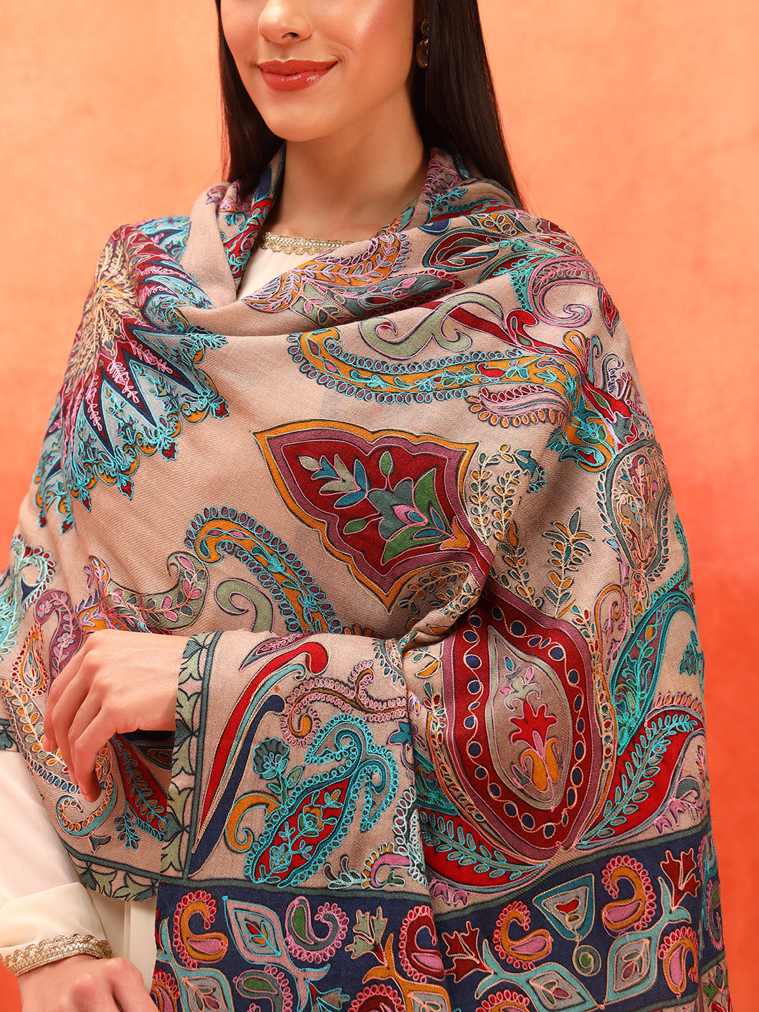 Pashmoda Women Saahtaar 100% Pure Wool Fabric Kalamkari Embroidered Stole (Size: 71x203 cm)