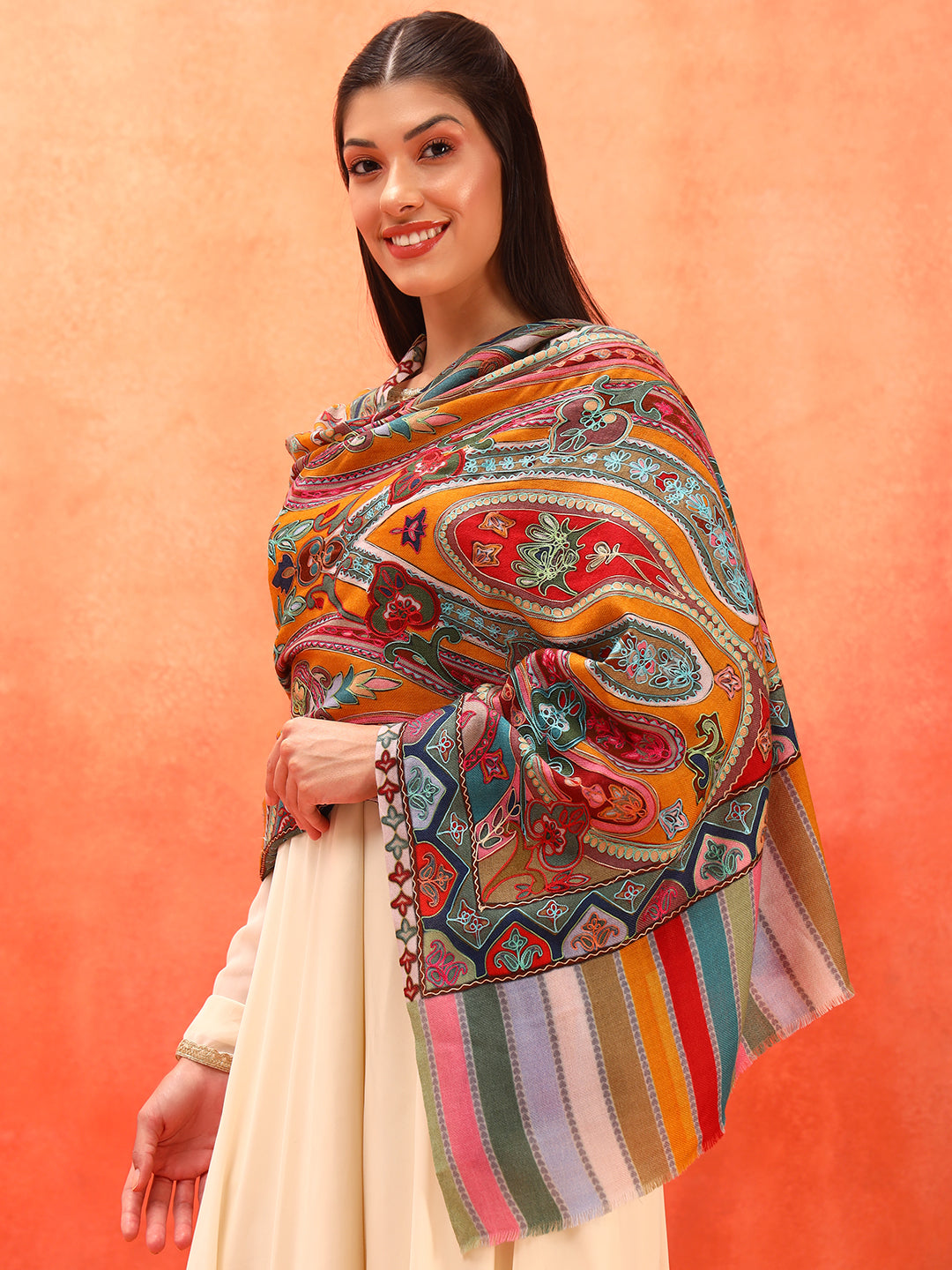 Pashmoda Women Rangdil 100% Pure Wool Fabric Kalamkari Embroidered Stole (Size-28x80in, 71x203cm)