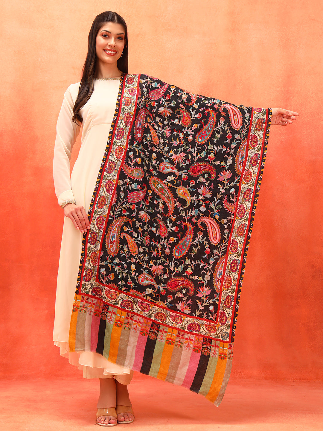 Pashmoda Women Floral Whispers 100% Pure Wool Fabric Kalamkari Embroidered Stole (Size: 71x203 cm)