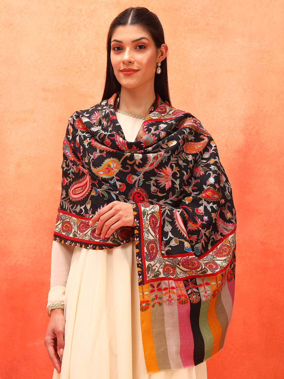 Pashmoda Women Floral Whispers 100% Pure Wool Fabric Kalamkari Embroidered Stole (Size: 71x203 cm)