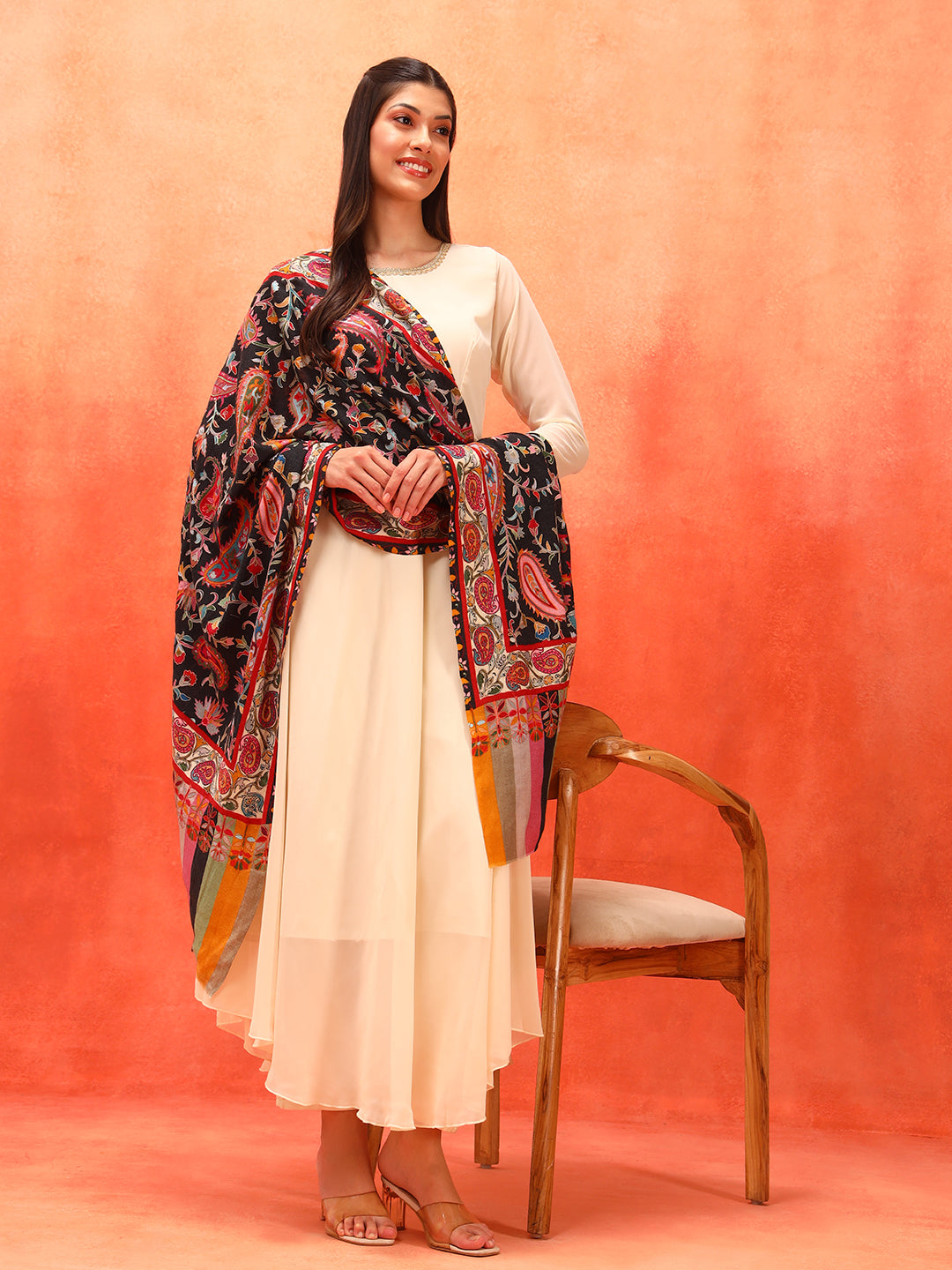 Pashmoda Women Floral Whispers 100% Pure Wool Fabric Kalamkari Embroidered Stole (Size: 71x203 cm)