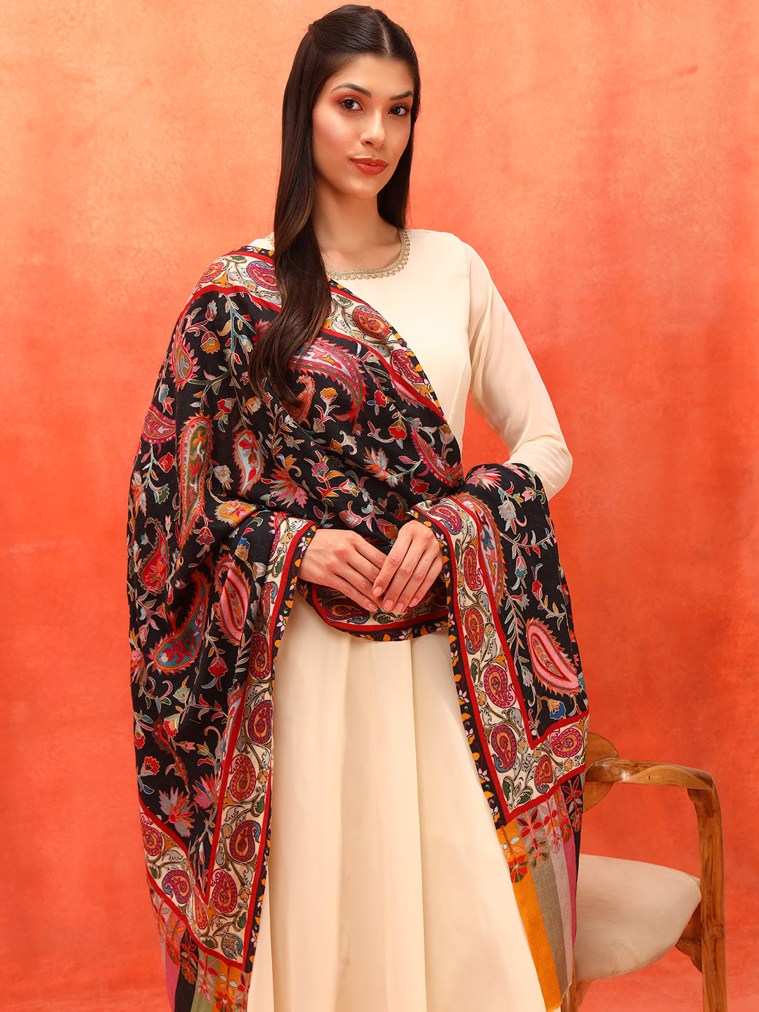 Pashmoda Women Floral Whispers 100% Pure Wool Fabric Kalamkari Embroidered Stole (Size: 71x203 cm)